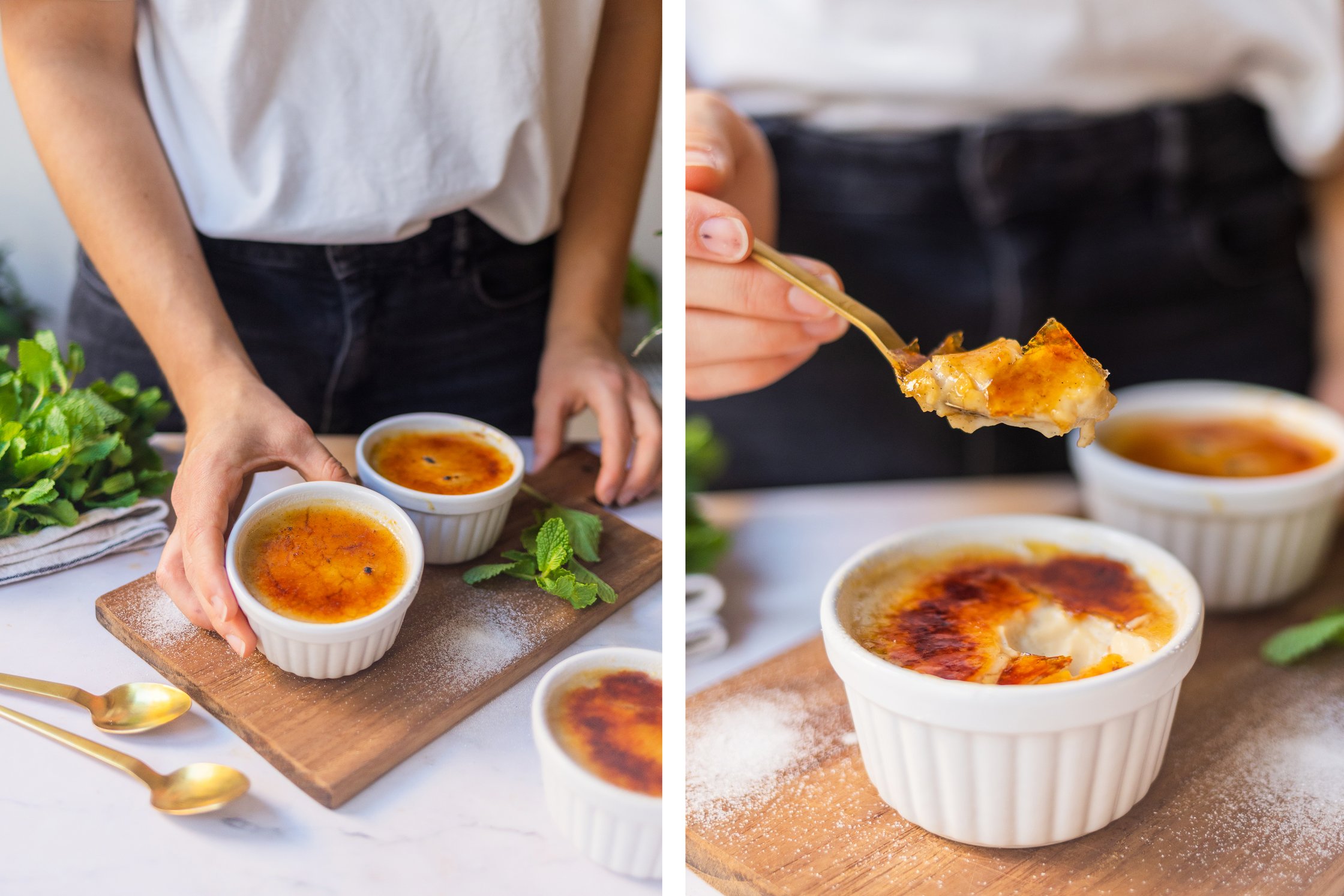 Crème brûlée is served and eaten.