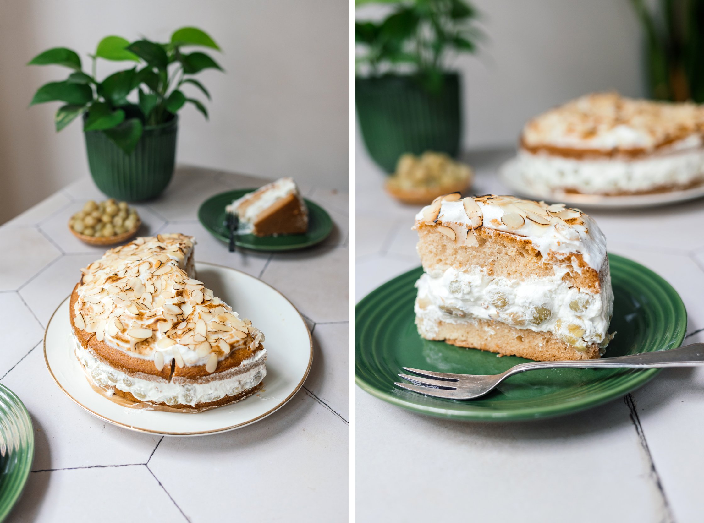 a piece of Vegan Gooseberry Meringue Cake on a plate