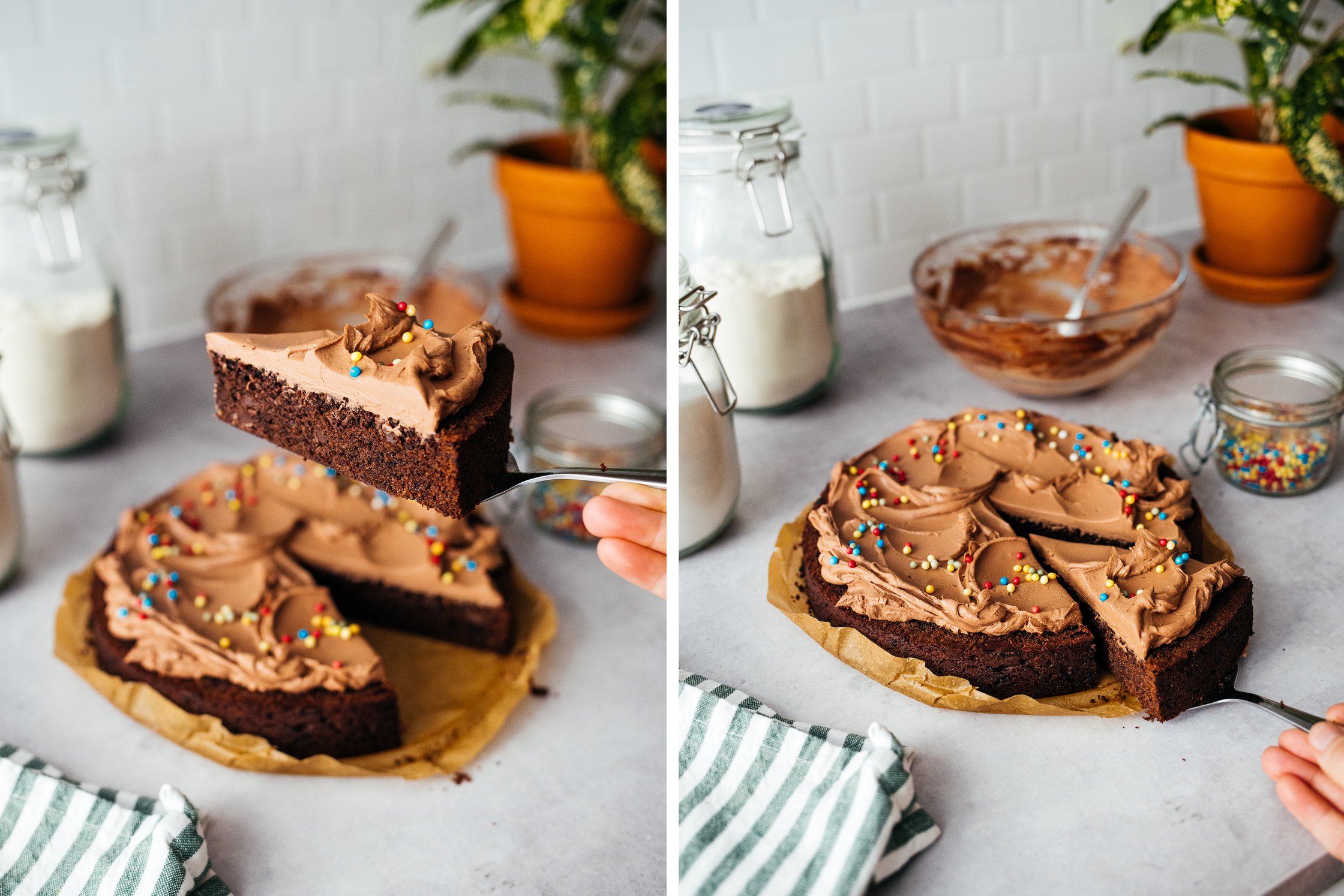cutting a vegan chocolate cake