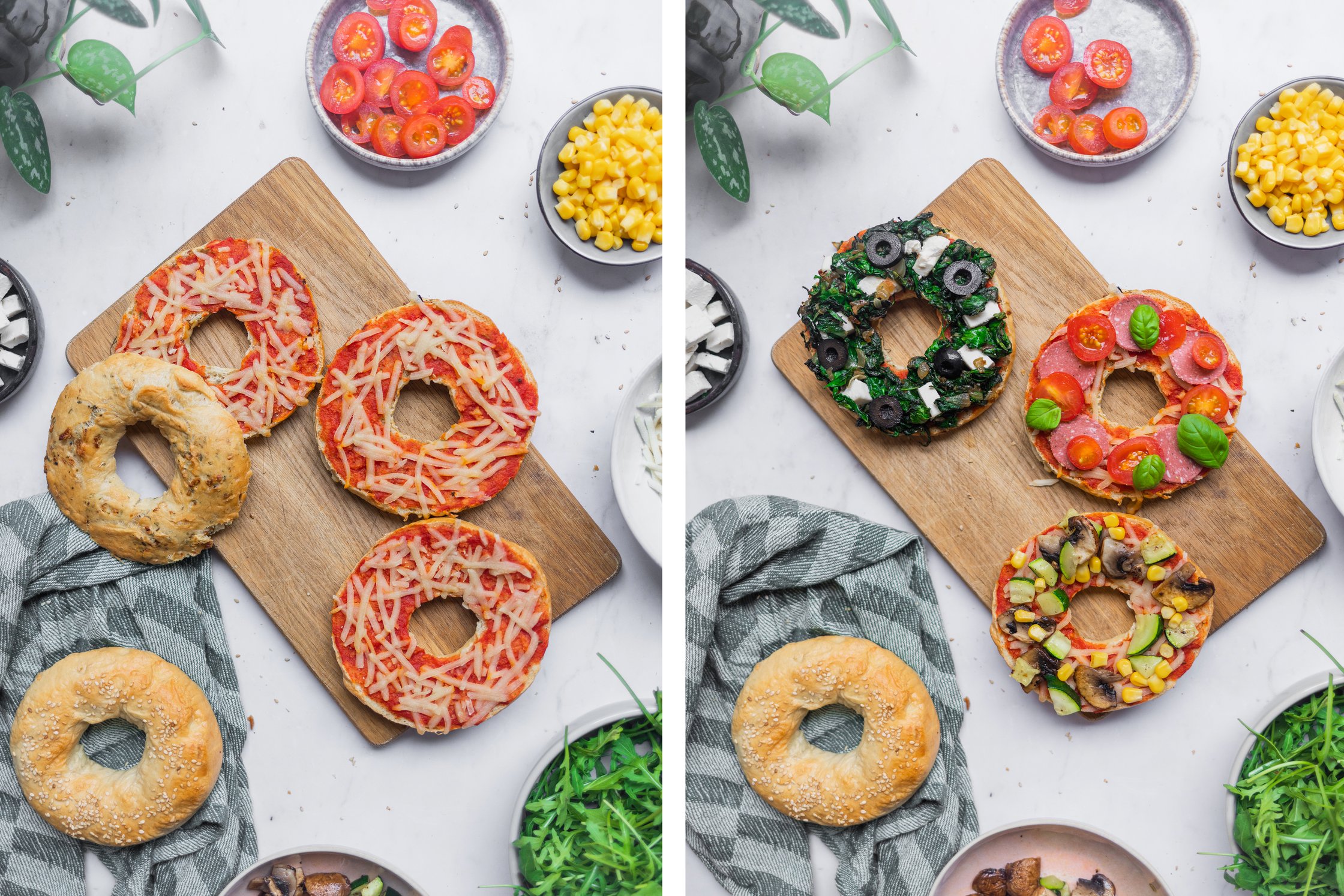 Vegane Pizzabagel werden belegt.