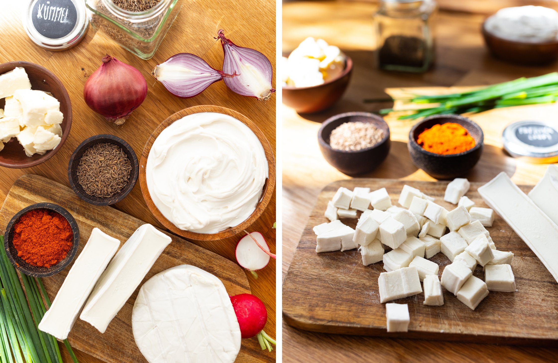 left: Ingredients for vegan obazda: fresh cheese, camembert, red onion, butter, radishes, caraway seeds
right: sliced vegan c