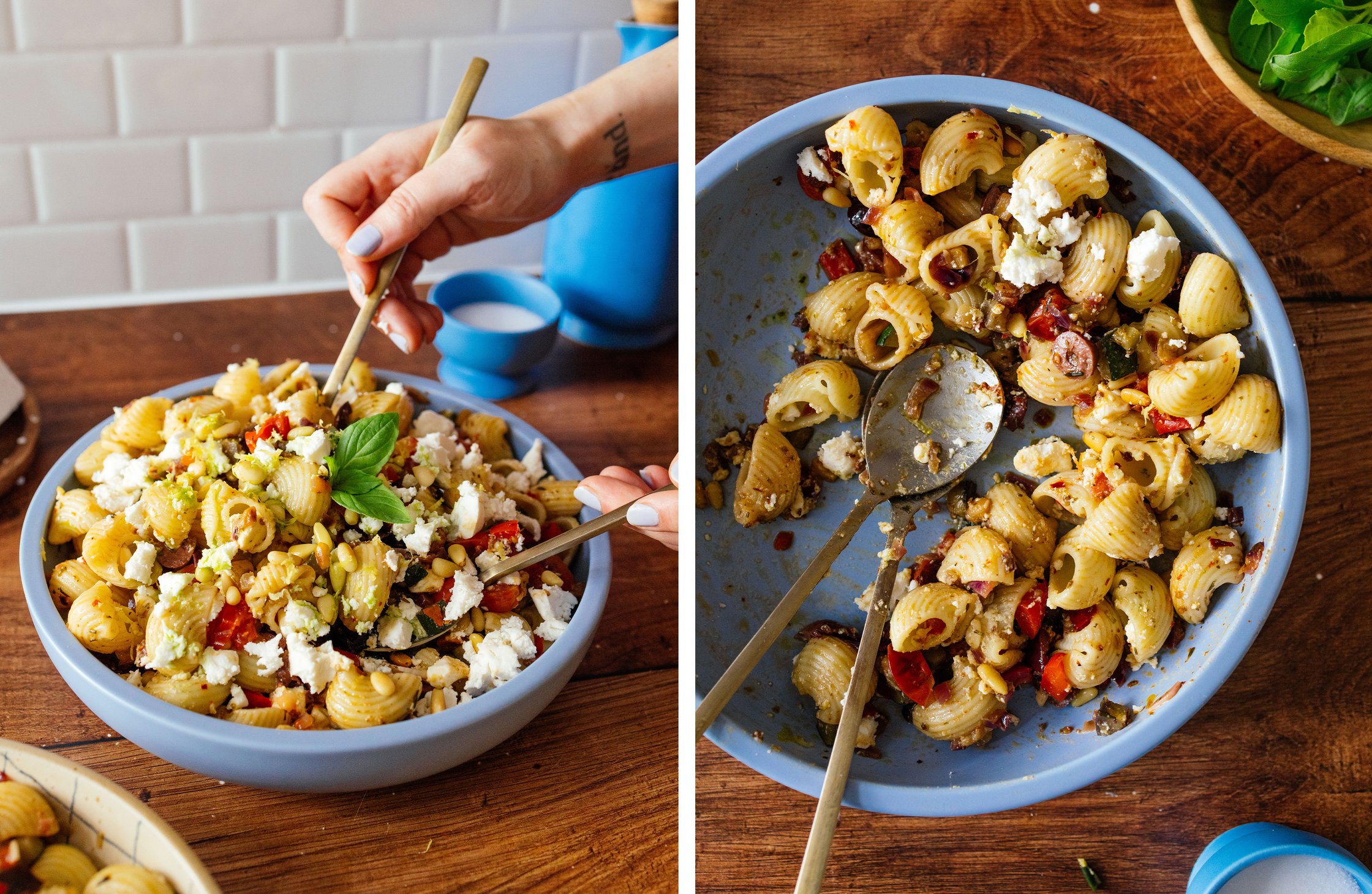 veganer Nudelsalat à la Ratatouille wird serviert; Teller mit Nudelsalat halb aufgegessen