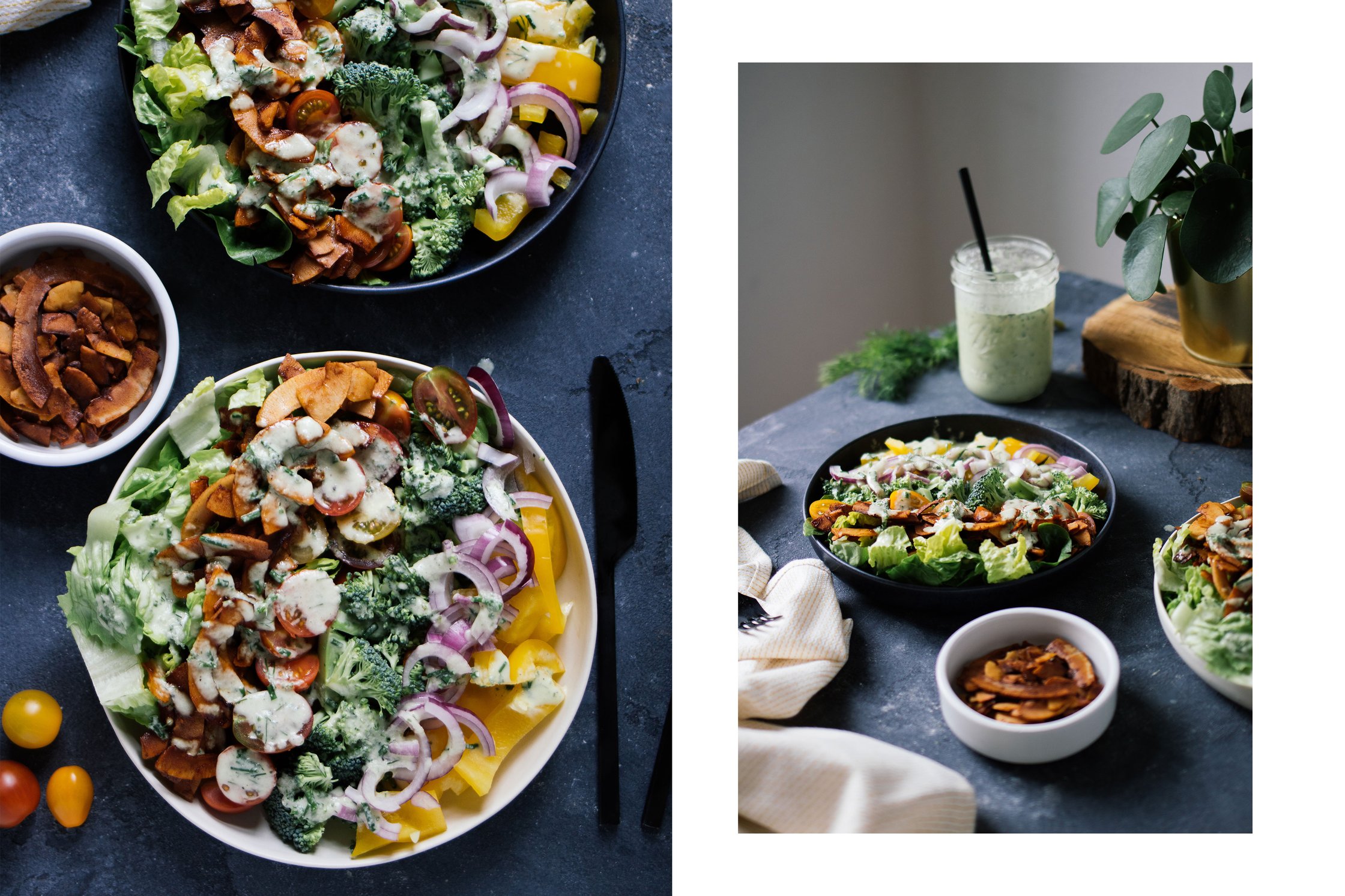 coconut bacon and ranch dressing on a salad