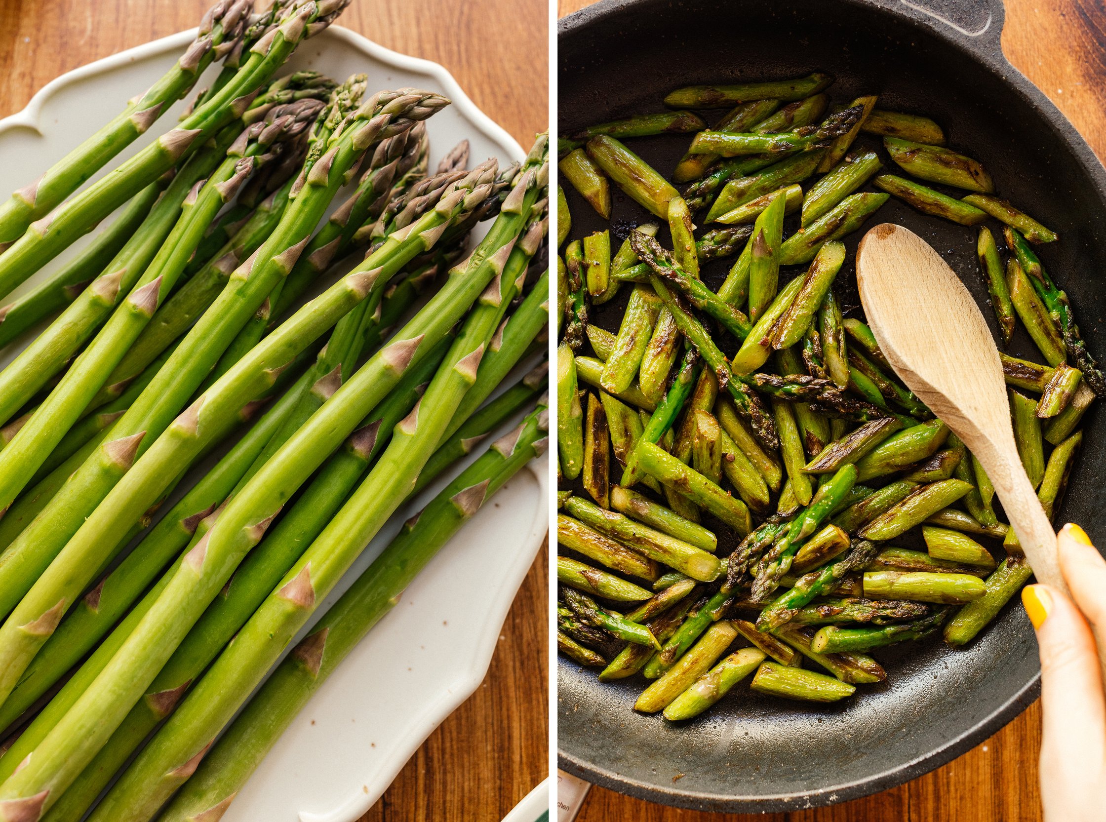 grüner spargel wird in der pfanne angebraten