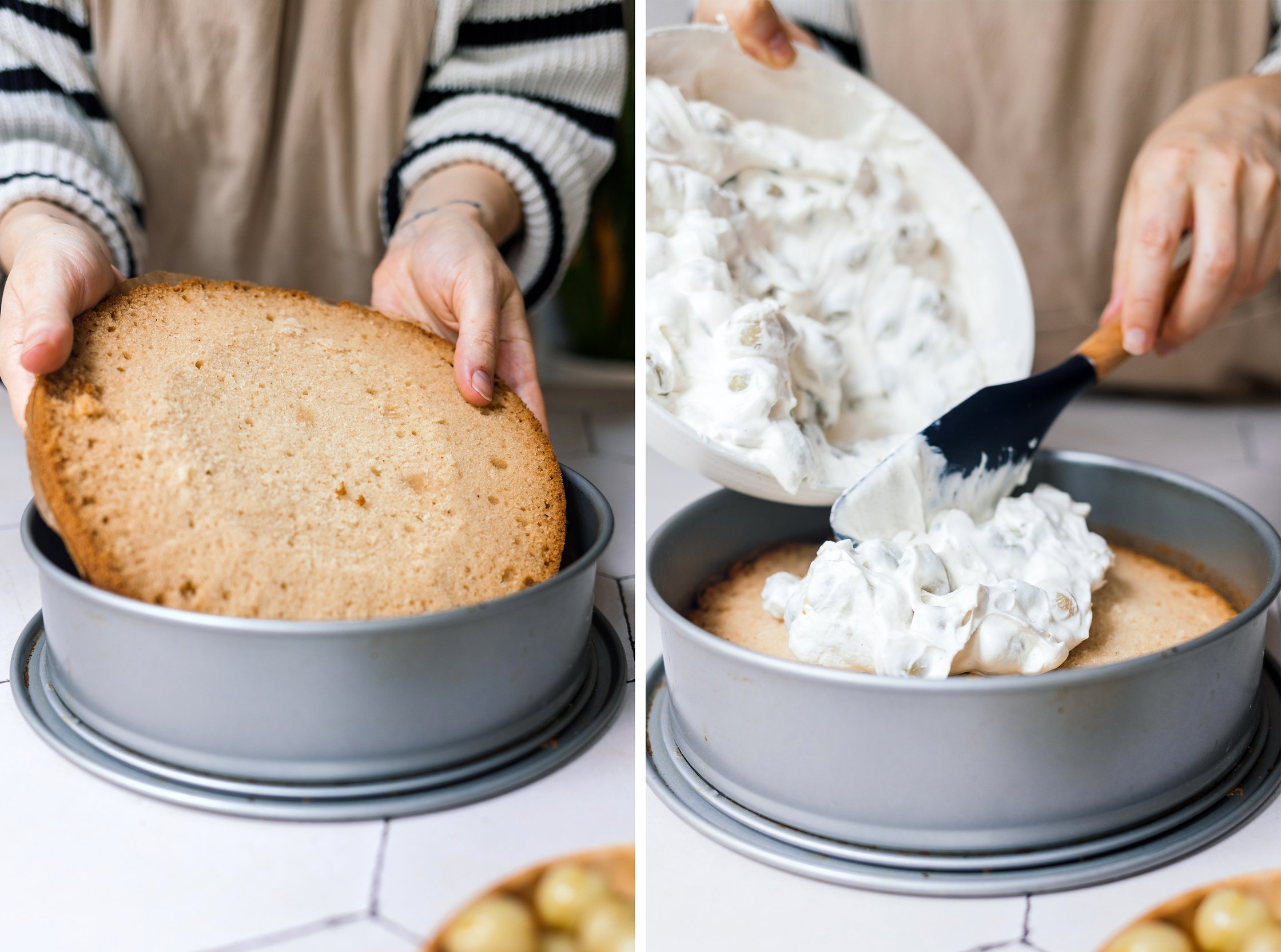 layering cake base and gooseberry cream for vegan cake