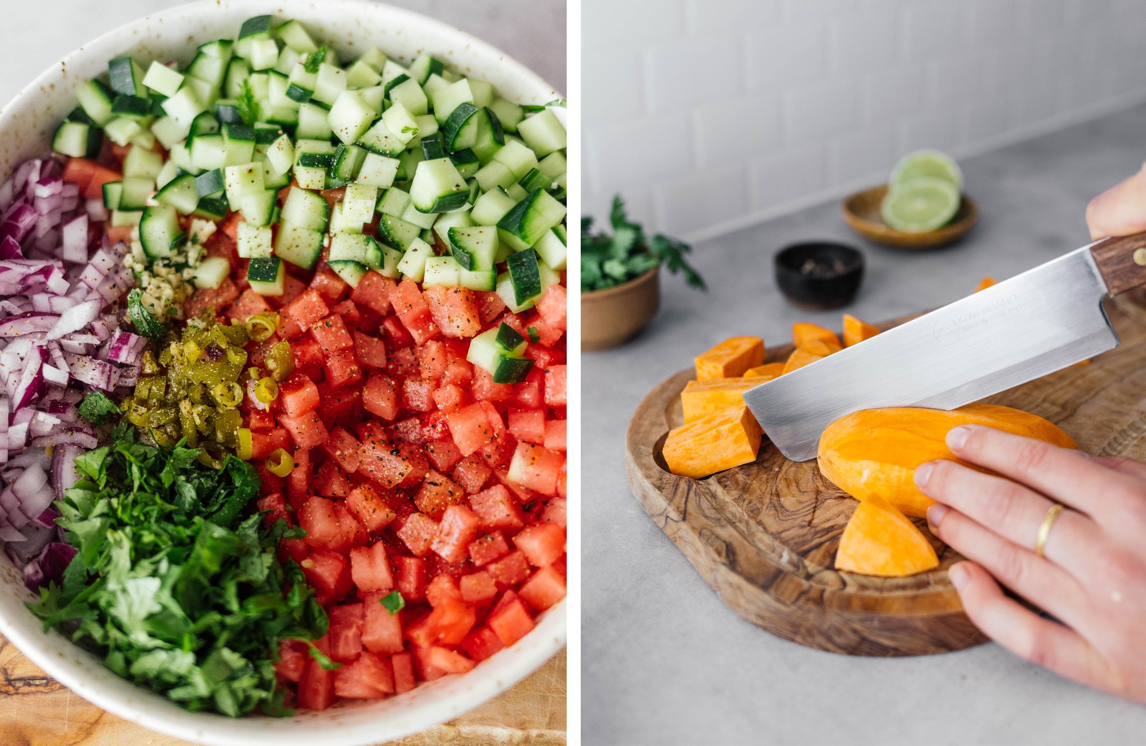 watermelon salsa; cutting sweet potatoes