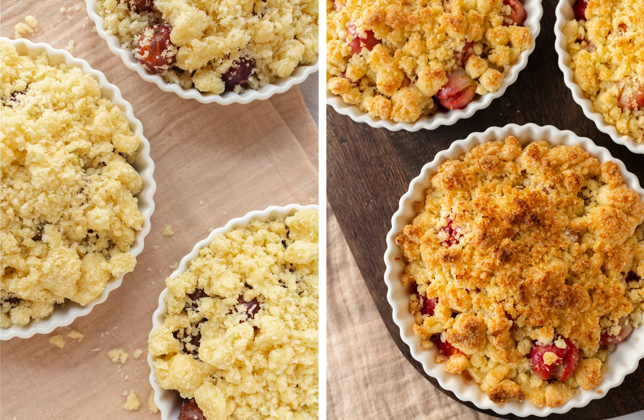 Stachelbeer-Crumble mit Kokosstreuseln ungebacken und gebacken