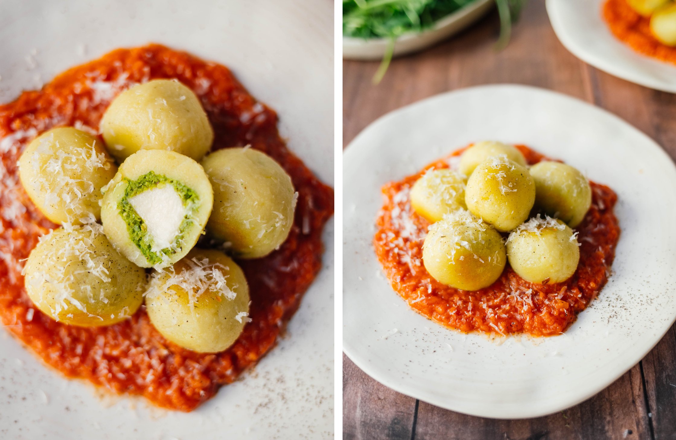 vegan stuffed gnocchi on tomato sauce with vegan parmesan cheese