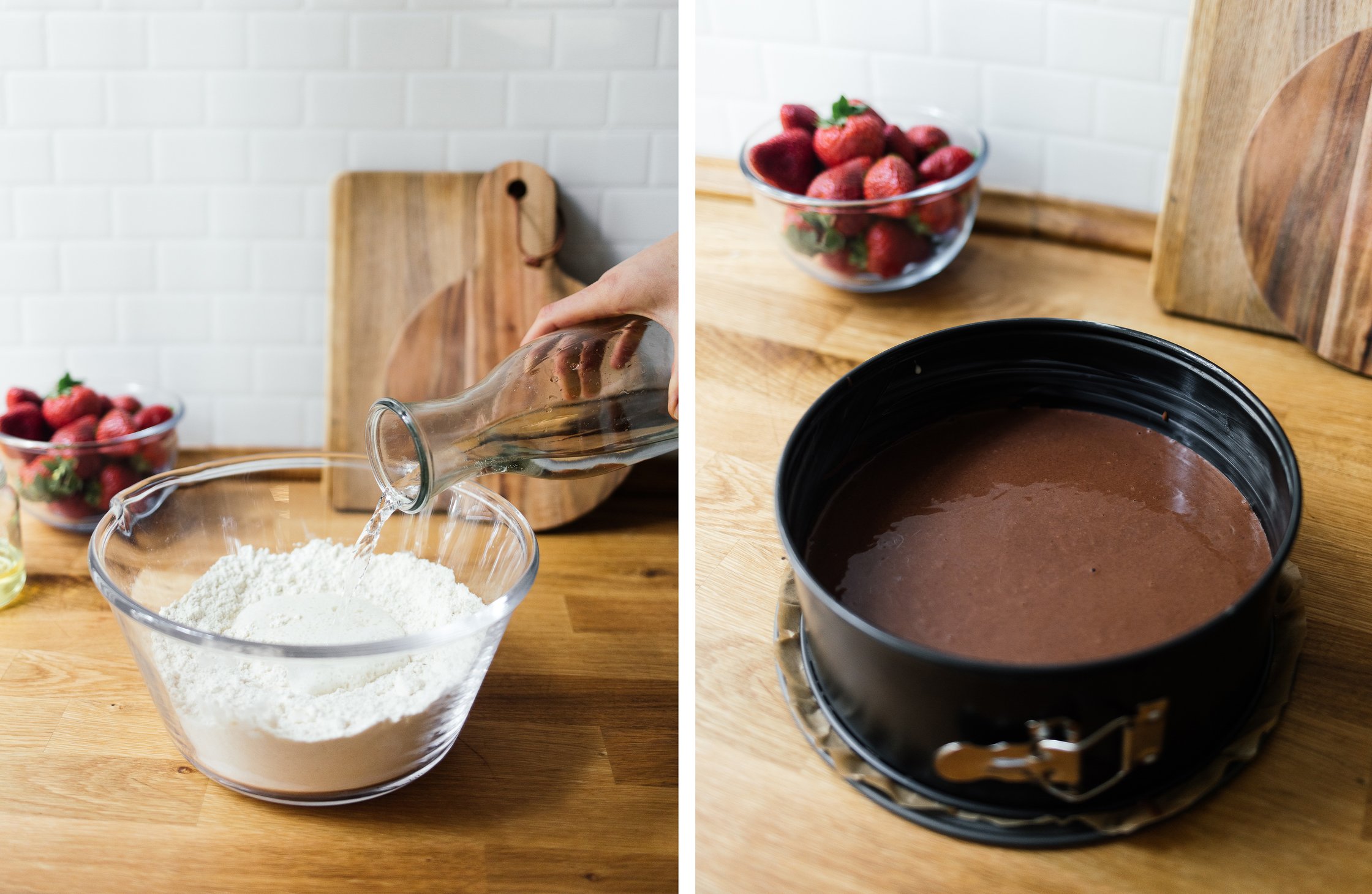 mixing dough for vegan strawberry pound cake; cake pan with dough