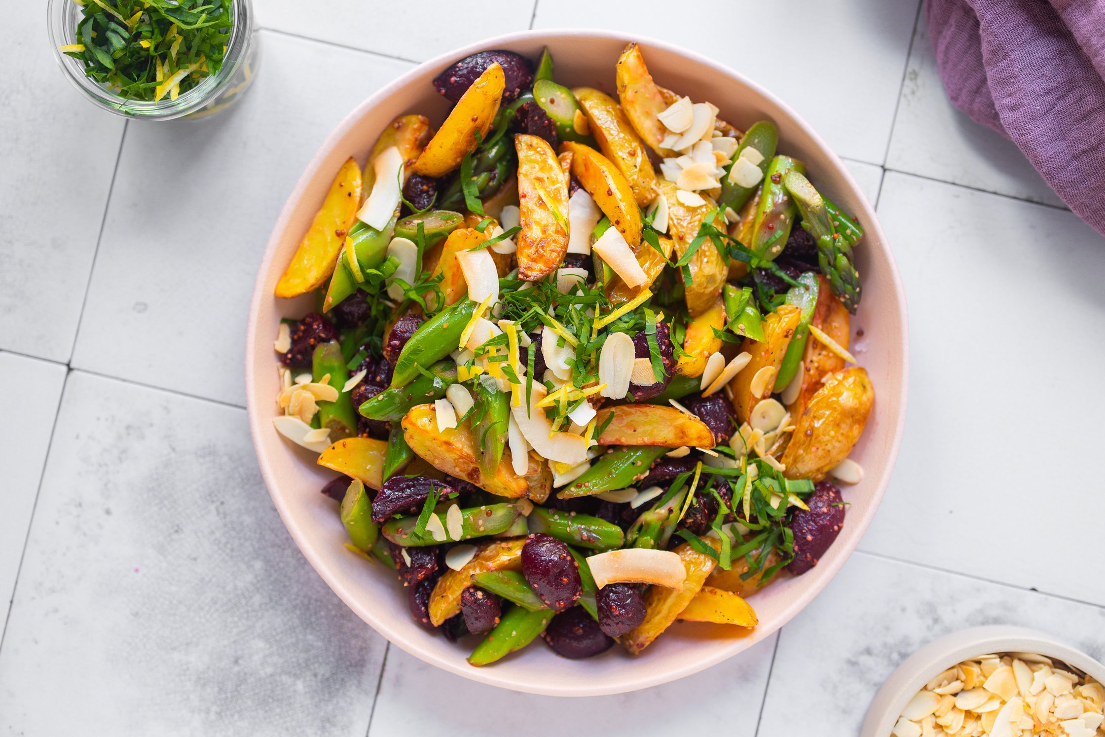 vegan potato asparagus salad on a plate