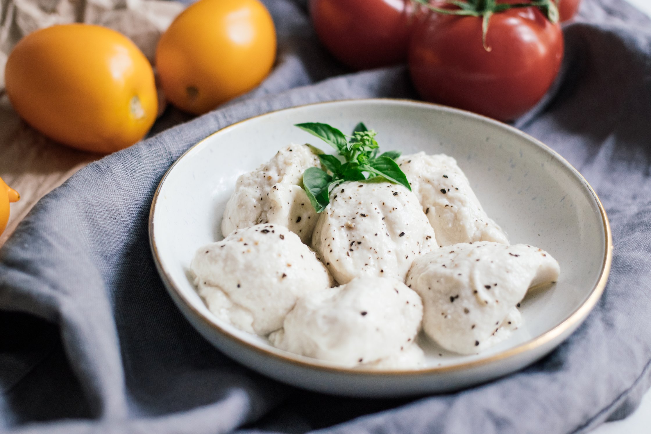 bowl with homemade vegan mozzarella cheese