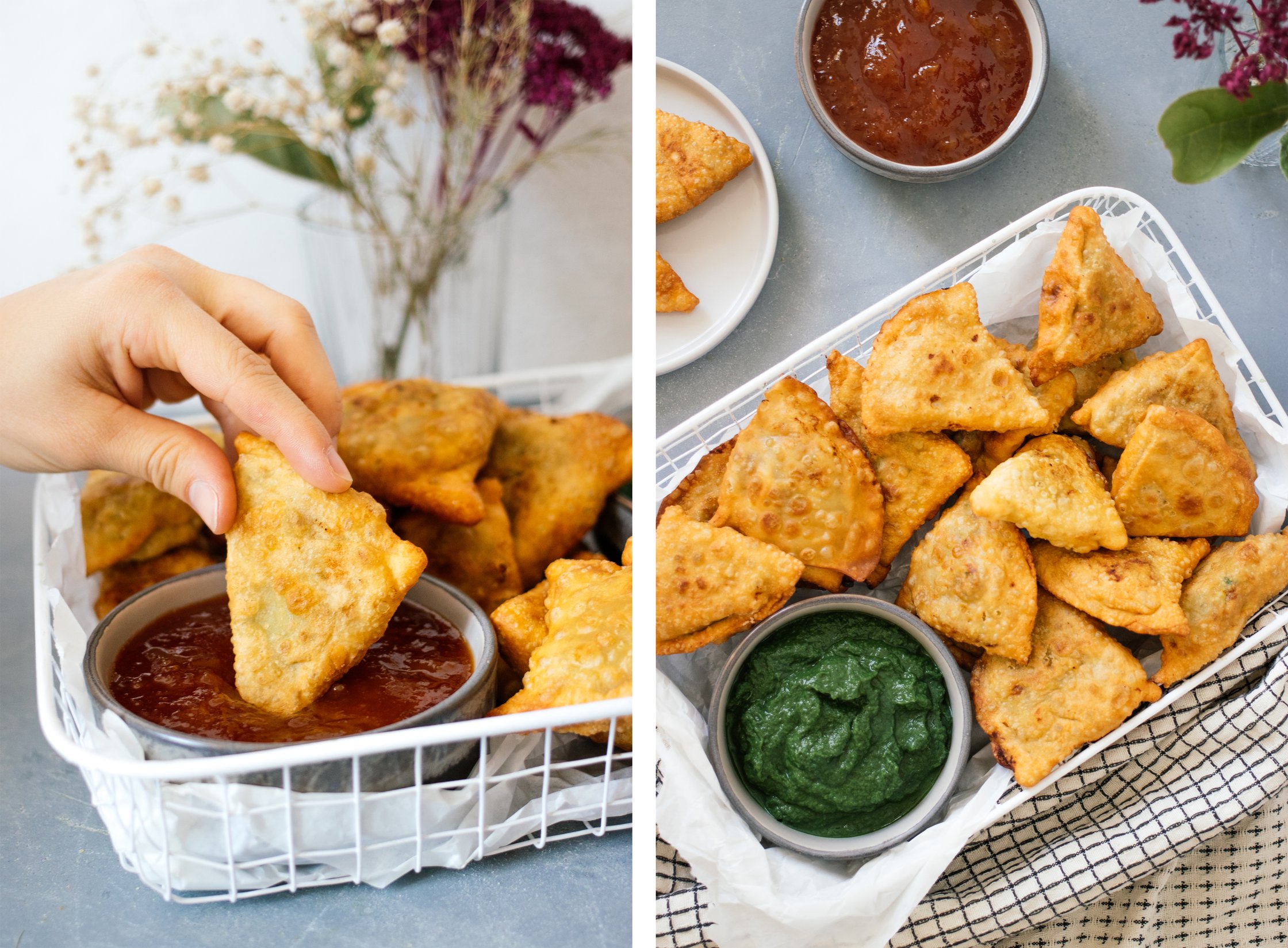 dipping vegan samosas in chutney