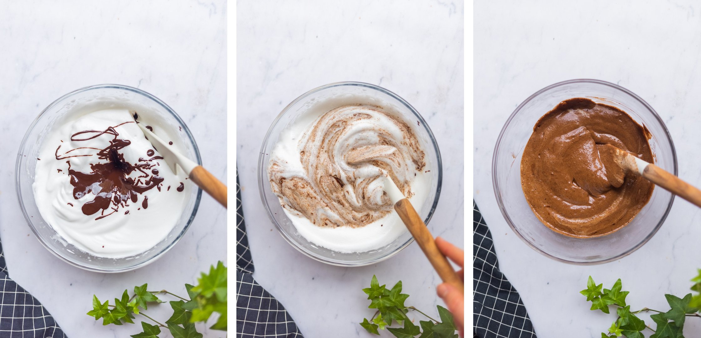 Geschmolzene Schokolade wird in Aquafaba eingerührt für vegane Mousse au Chocolate.