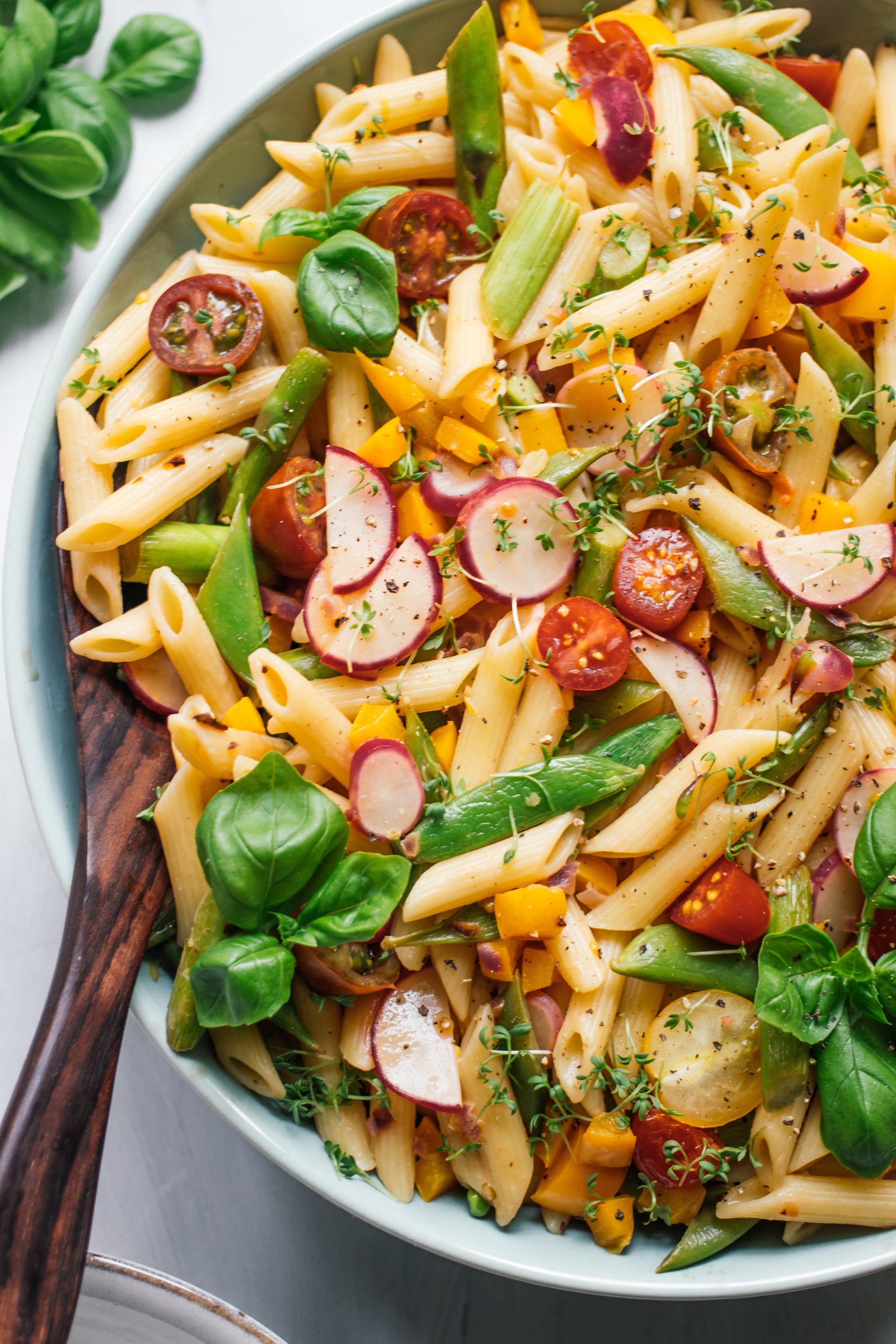 Vegan Pasta Primavera served on the table