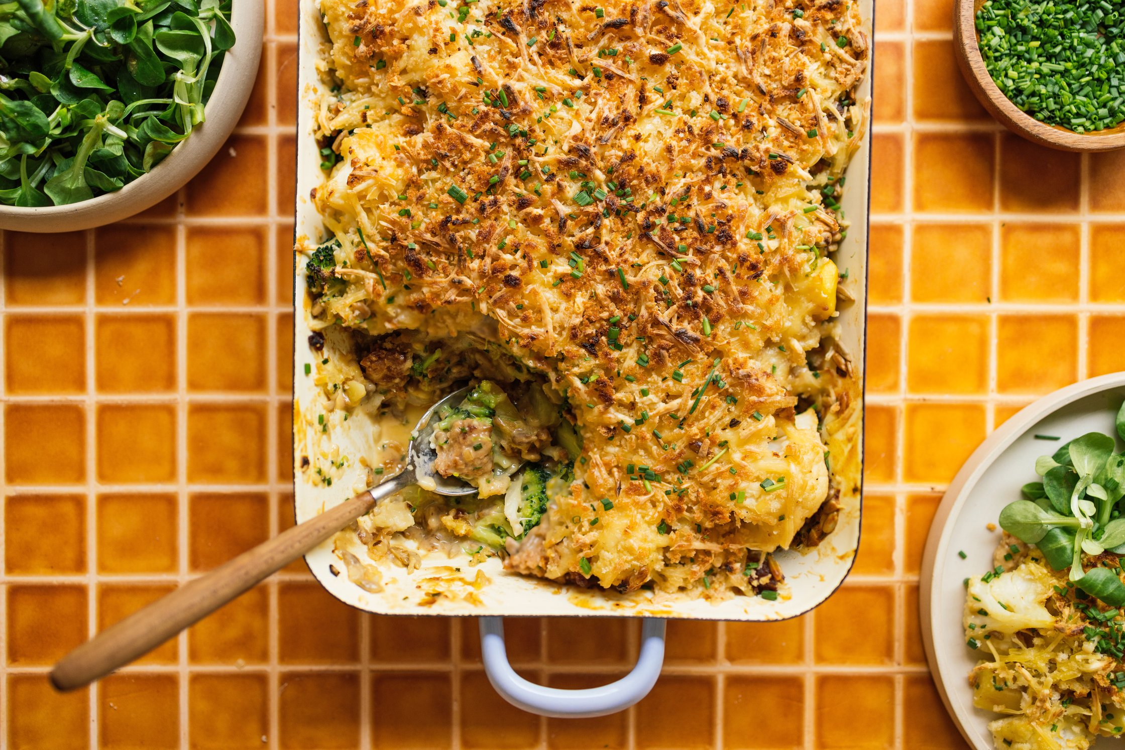 baked Cauliflower-Broccoli Casserole with Vegan Mince is served on the table