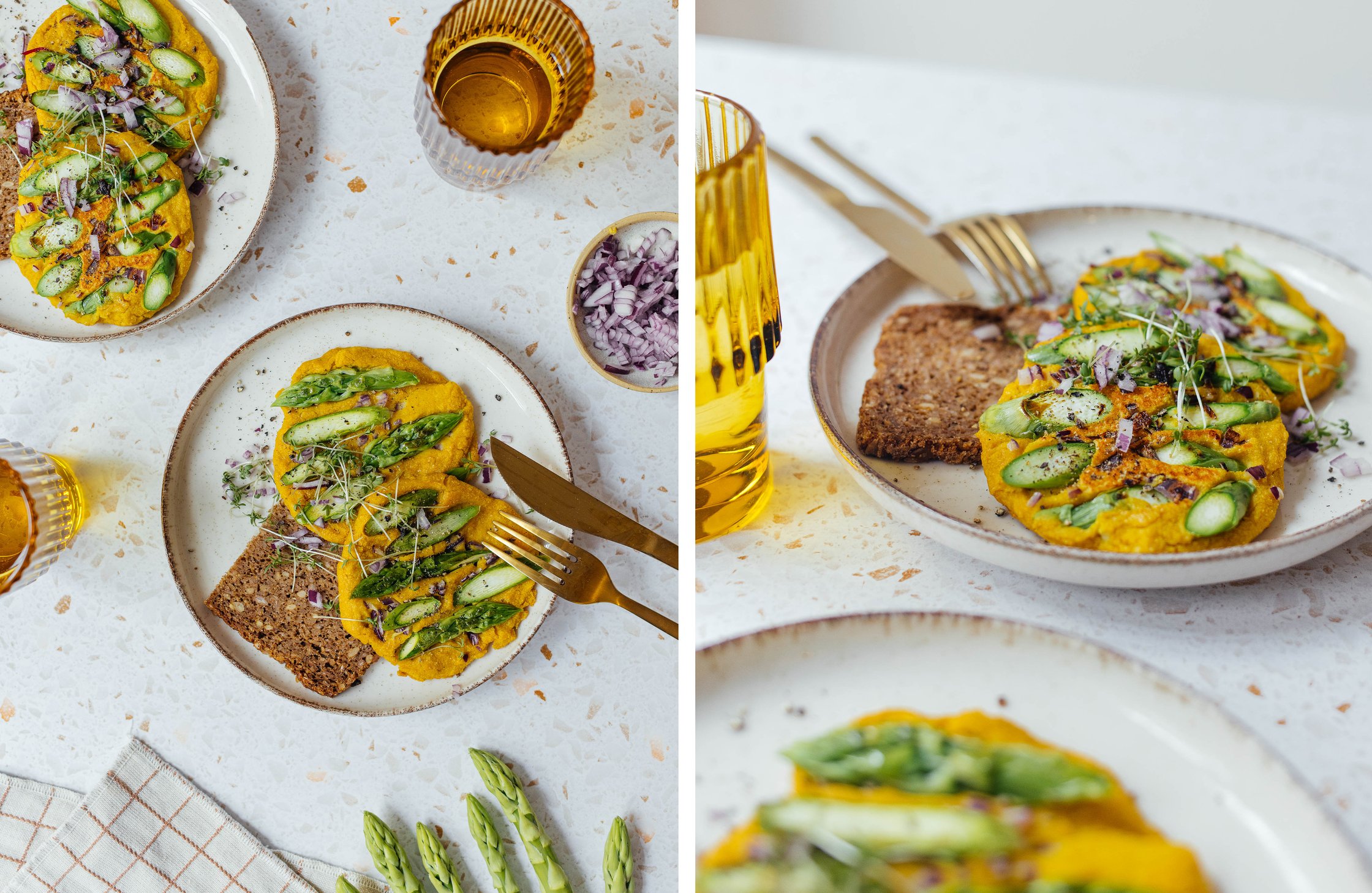 vegan silken tofu omelet with green asparagus served with whole grain bread