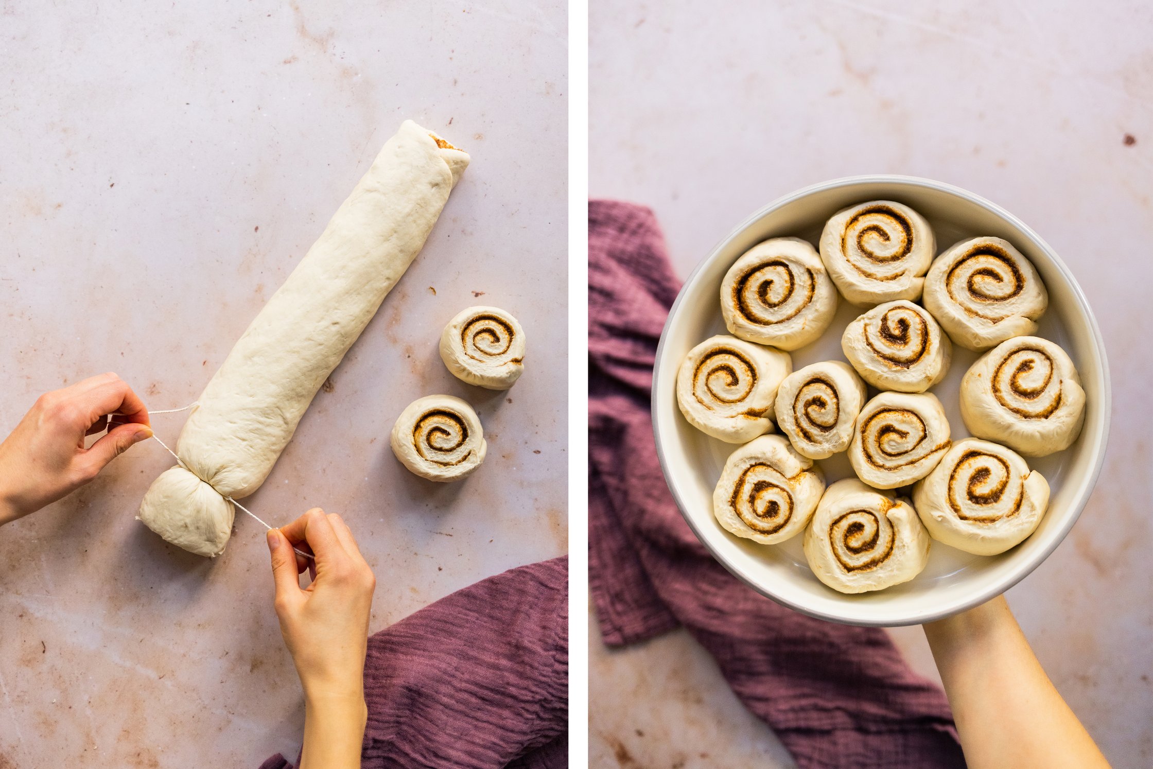 Vegane Zimtschnecken, werden mit einem Küchengarn von der Teigrolle abgetrennt.