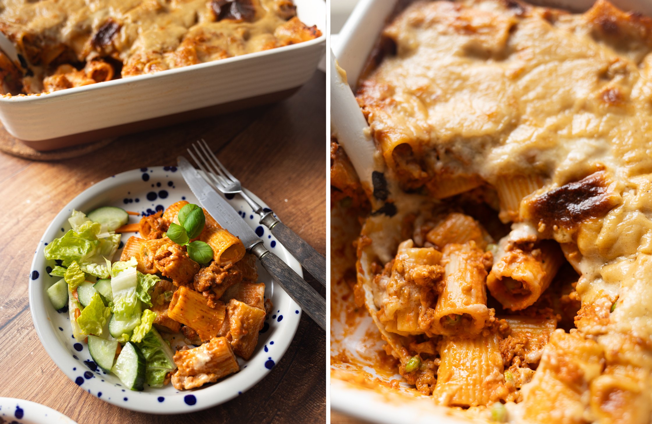 Zweigeteiltes Bild mit einem Close-Up auf die Rigatoni al Forno in einer Auflaufform und auf dem Teller.