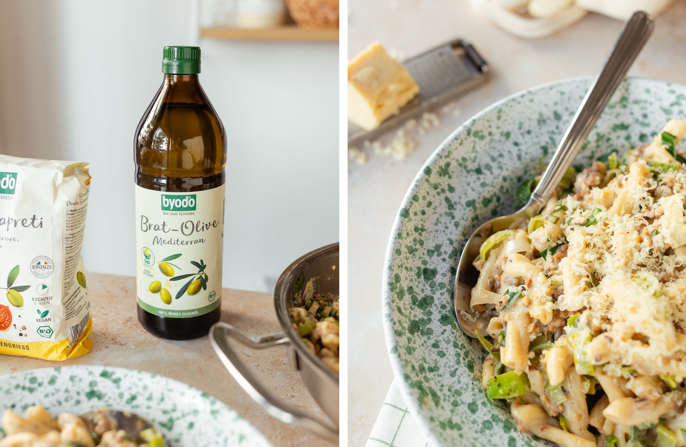 Nahaufnahme Olivenöl; Nahaufnahme Pasta