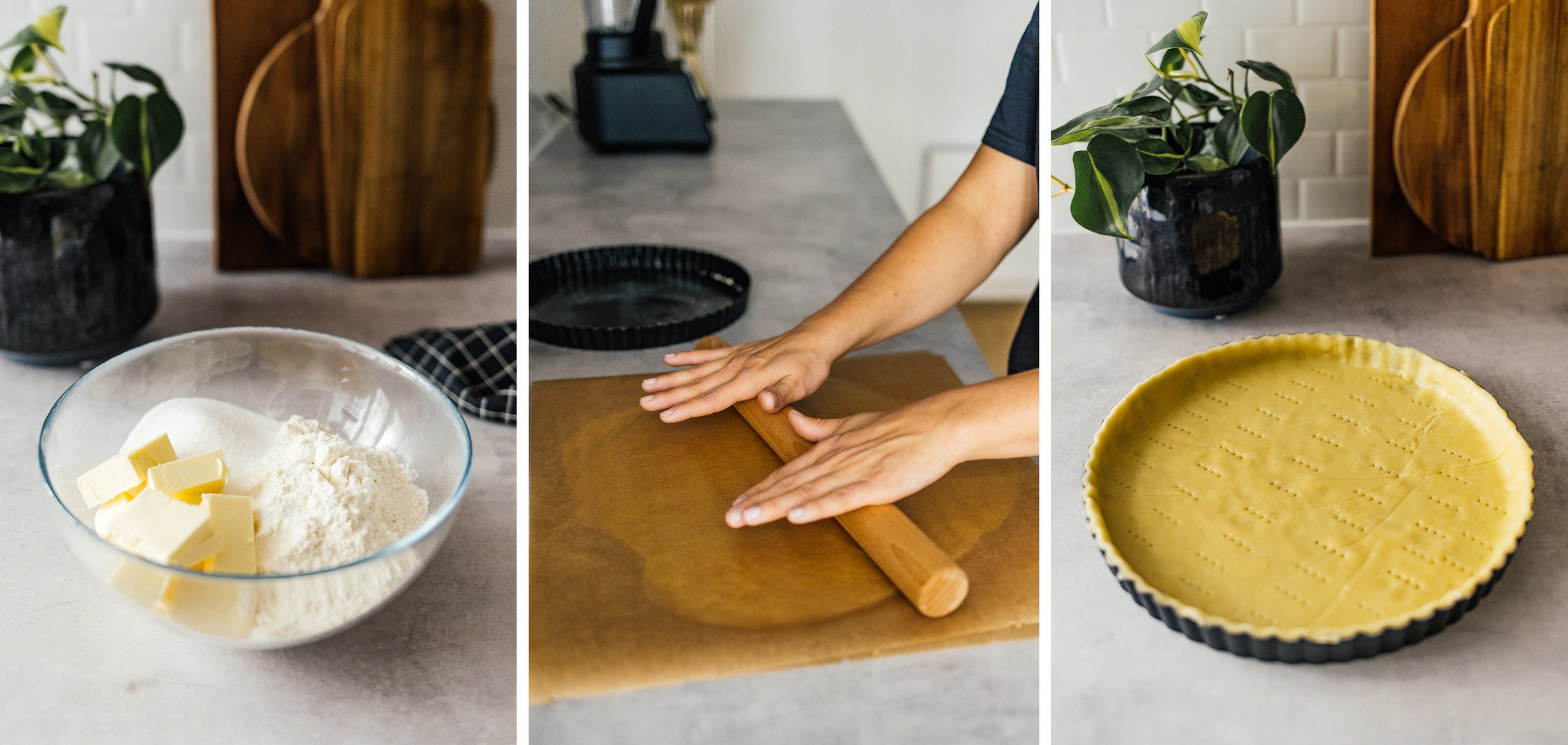 mixing and rolling out shortcrust pastry, putting it in a mold