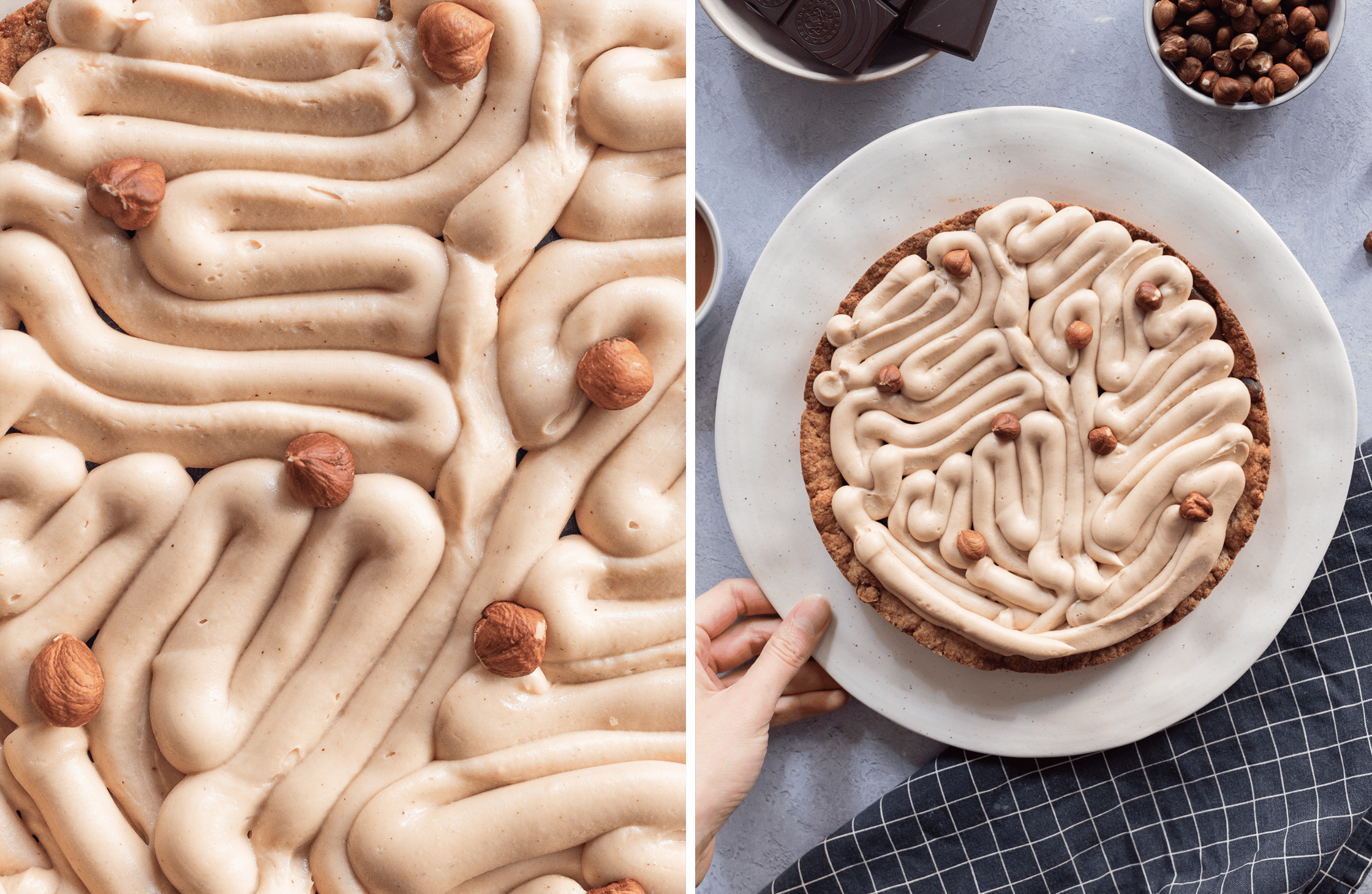 Eine Detailaufnahme von dem Muster der Haselnusscreme die auf der Haselnuss-Tarte verteilt ist und die fertige Tarte, die sic