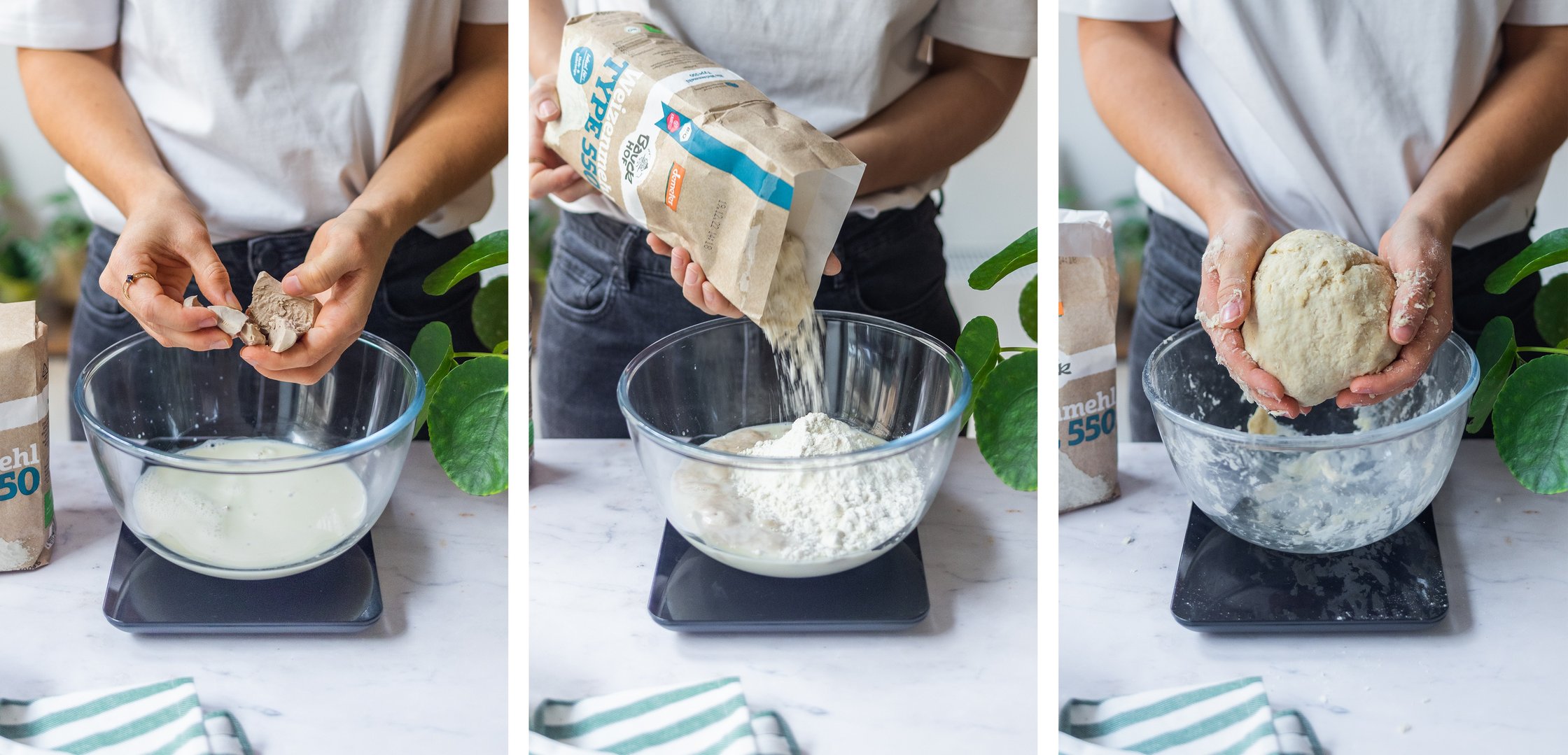 A vegan yeast dough for dumplings is prepared in glass bowl.