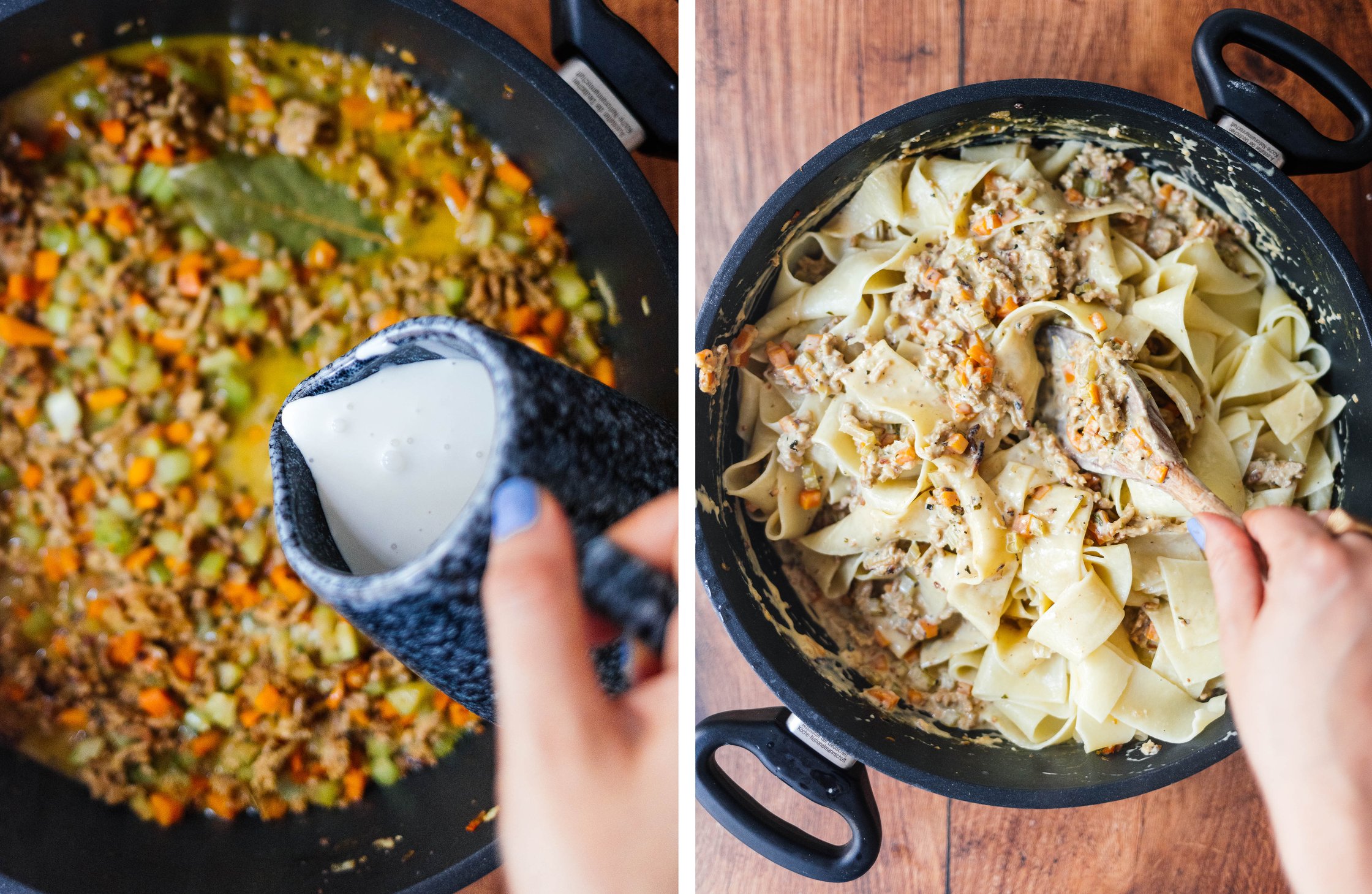 vegane Sahne und Nudeln zu Gemüse geben
