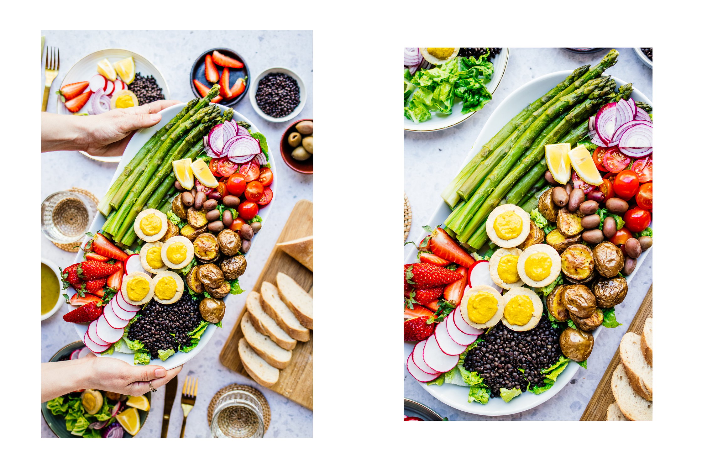 Vegan Asparagus Salad on a Plate with a Baguette
