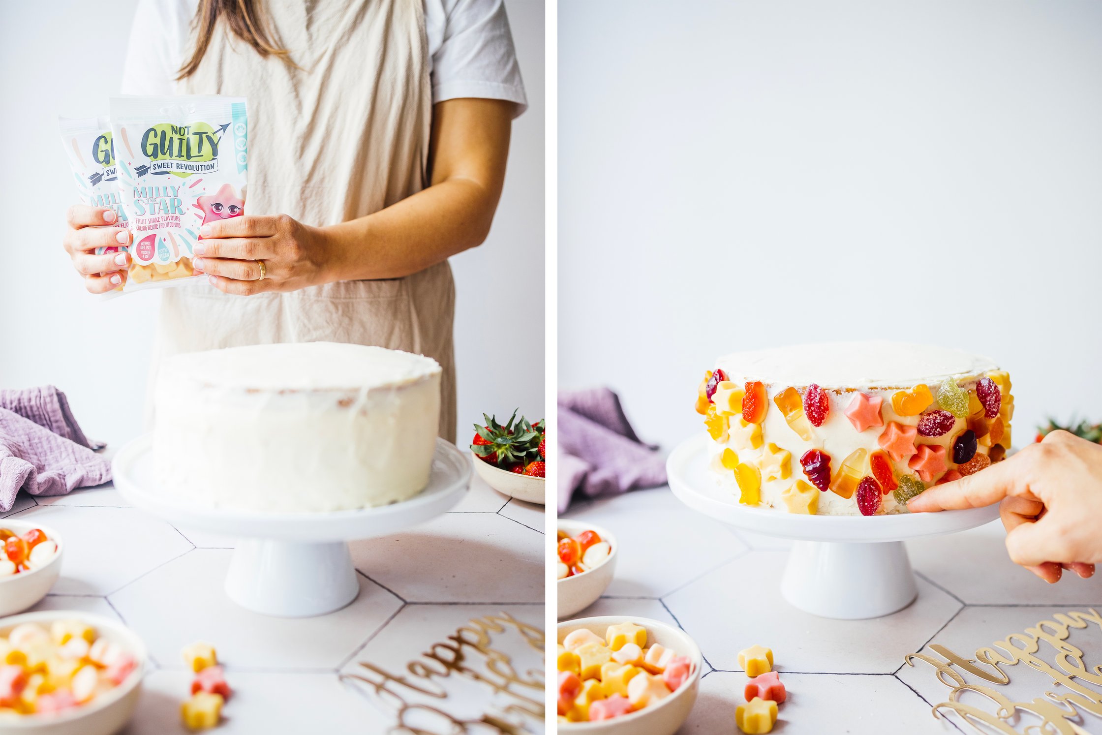 decorating a vegan cake with butter cream and vegan sweets