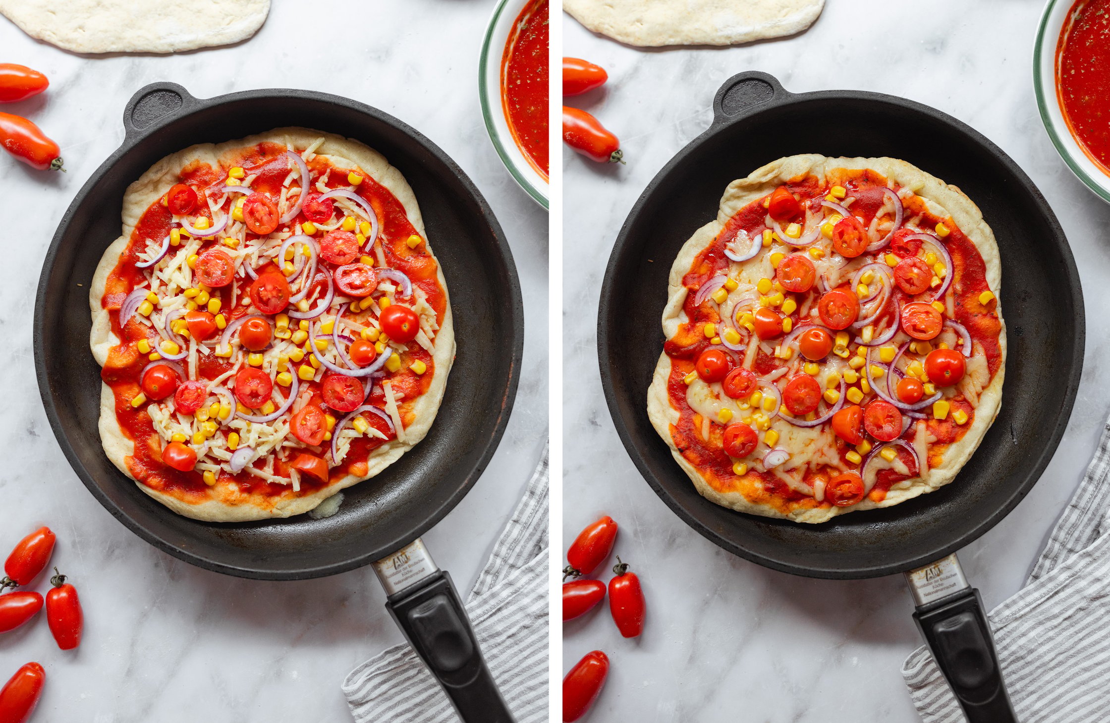 pizza from the pan before and after baking