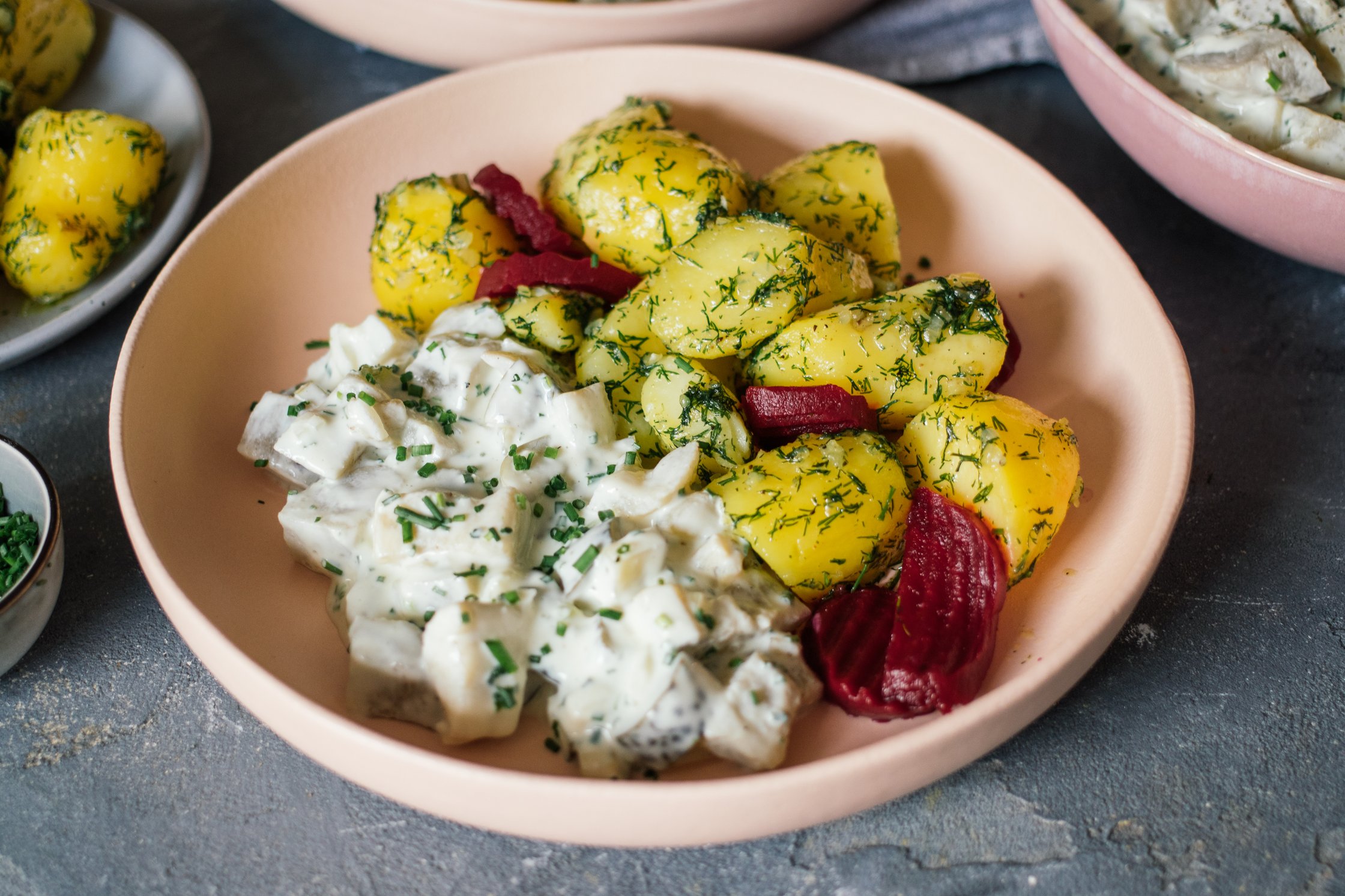 vegan herring and dill potatoes served on the table