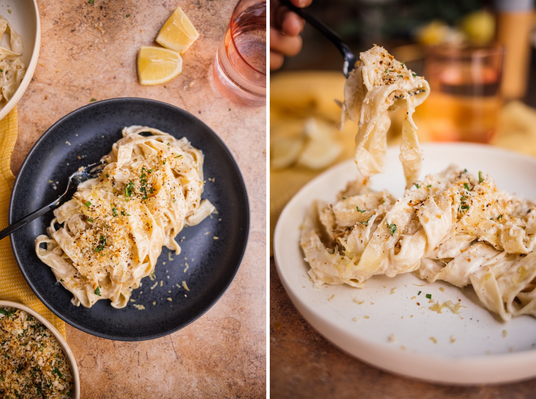a fork with vegan pasta with lemon sauce