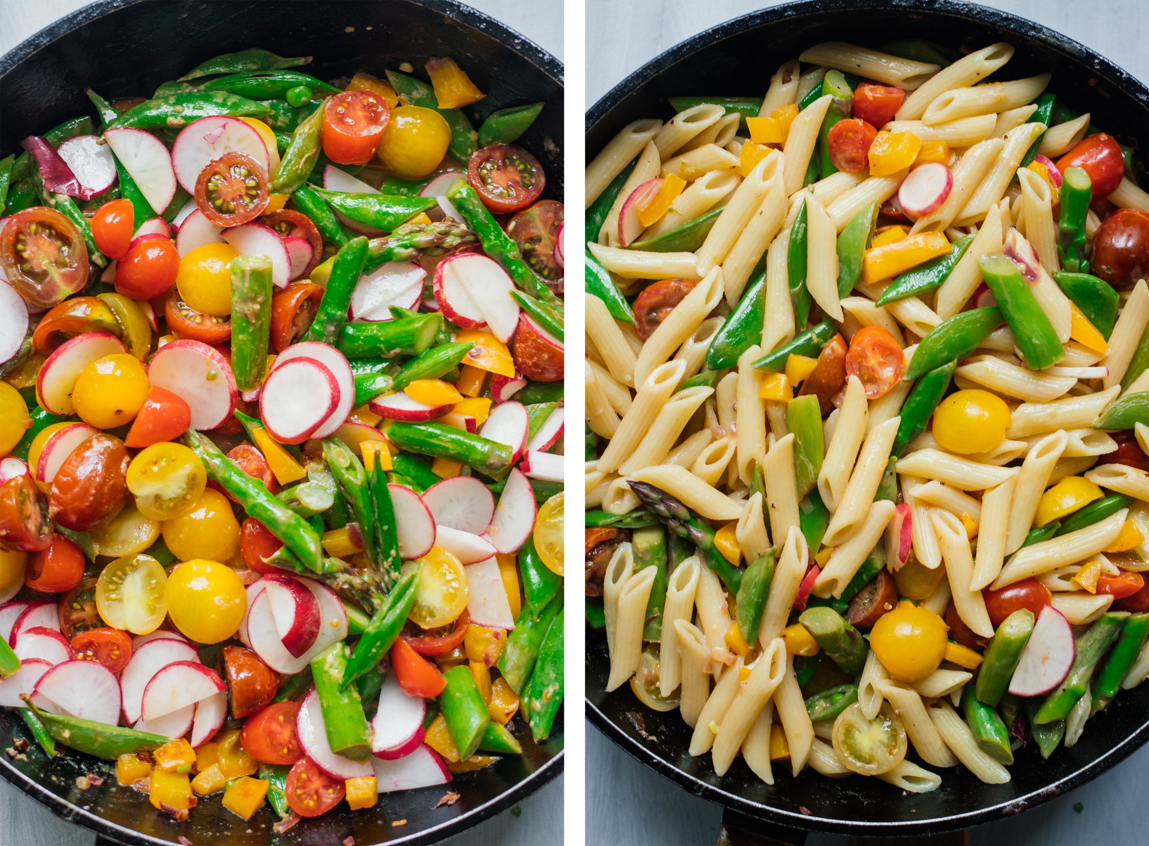 adding pasta to the frying pan for Vegan Pasta Primavera