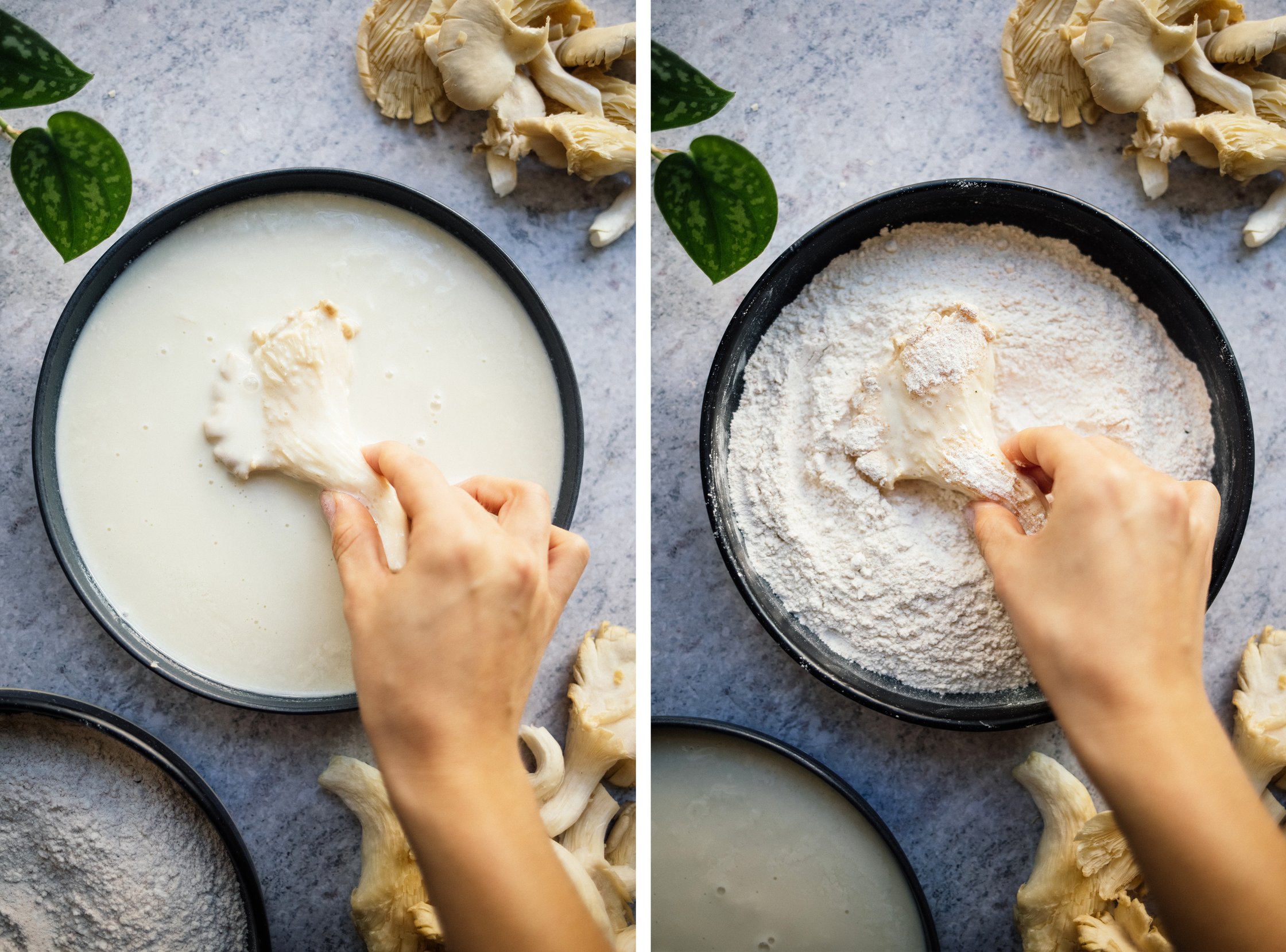breading oyster mushrooms in vegan buttermilk and flour mix