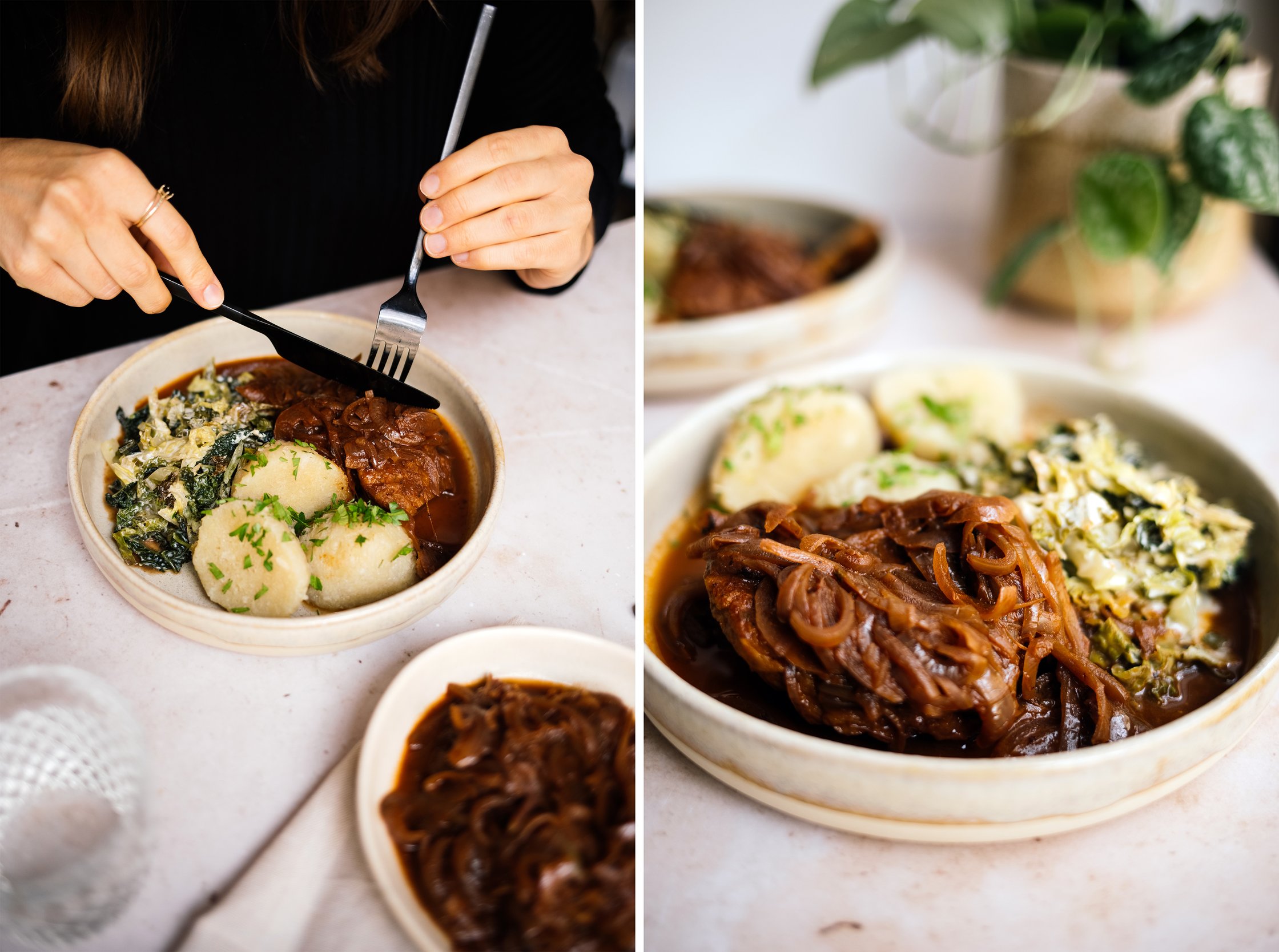 Grüne Klöße mit Zwiebelrostseitan und veganem Rahmwirsing werden gegessen