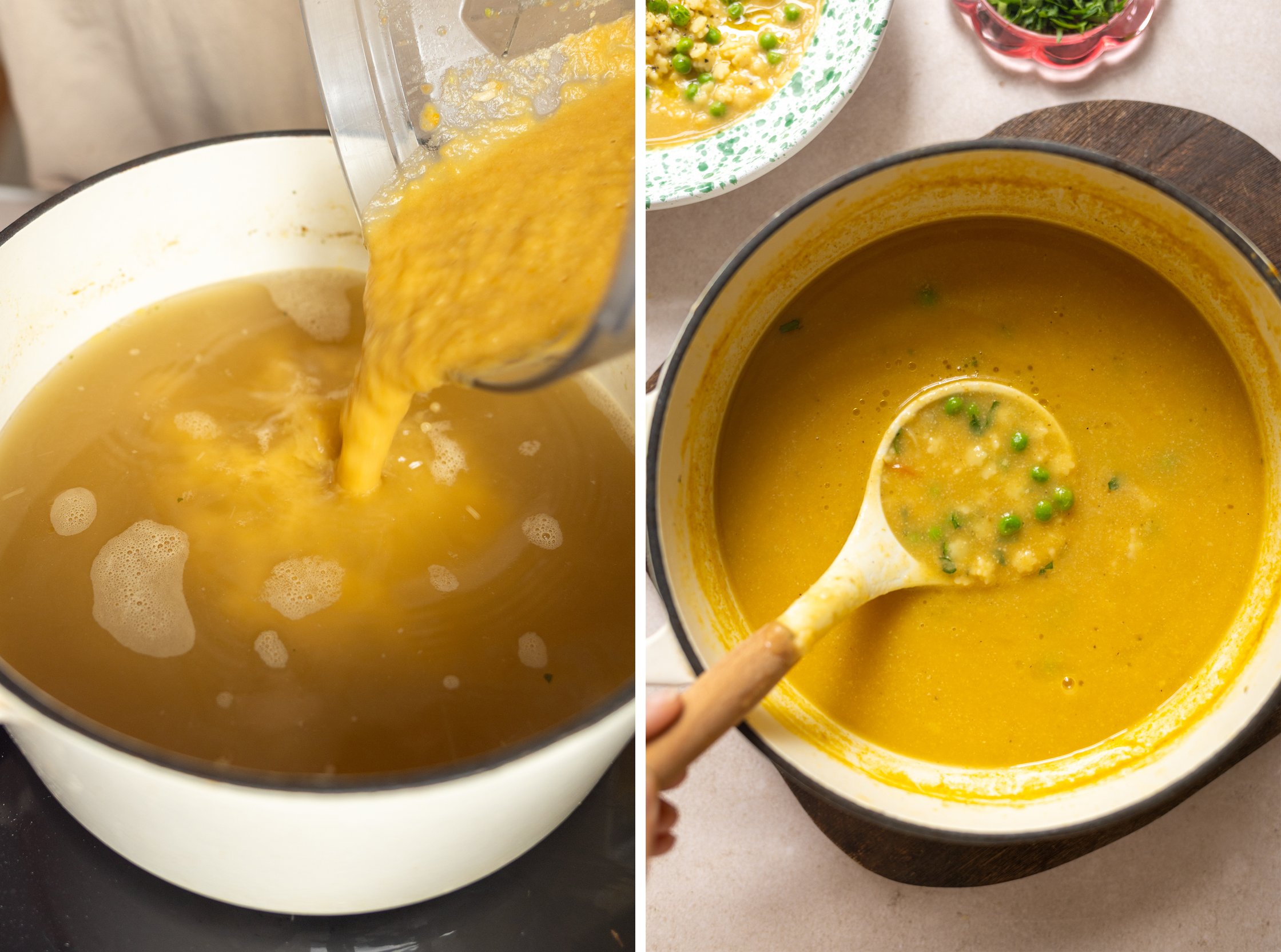 püriertes gemüse zurück in den topf geben für vegane pastina nudelsuppe