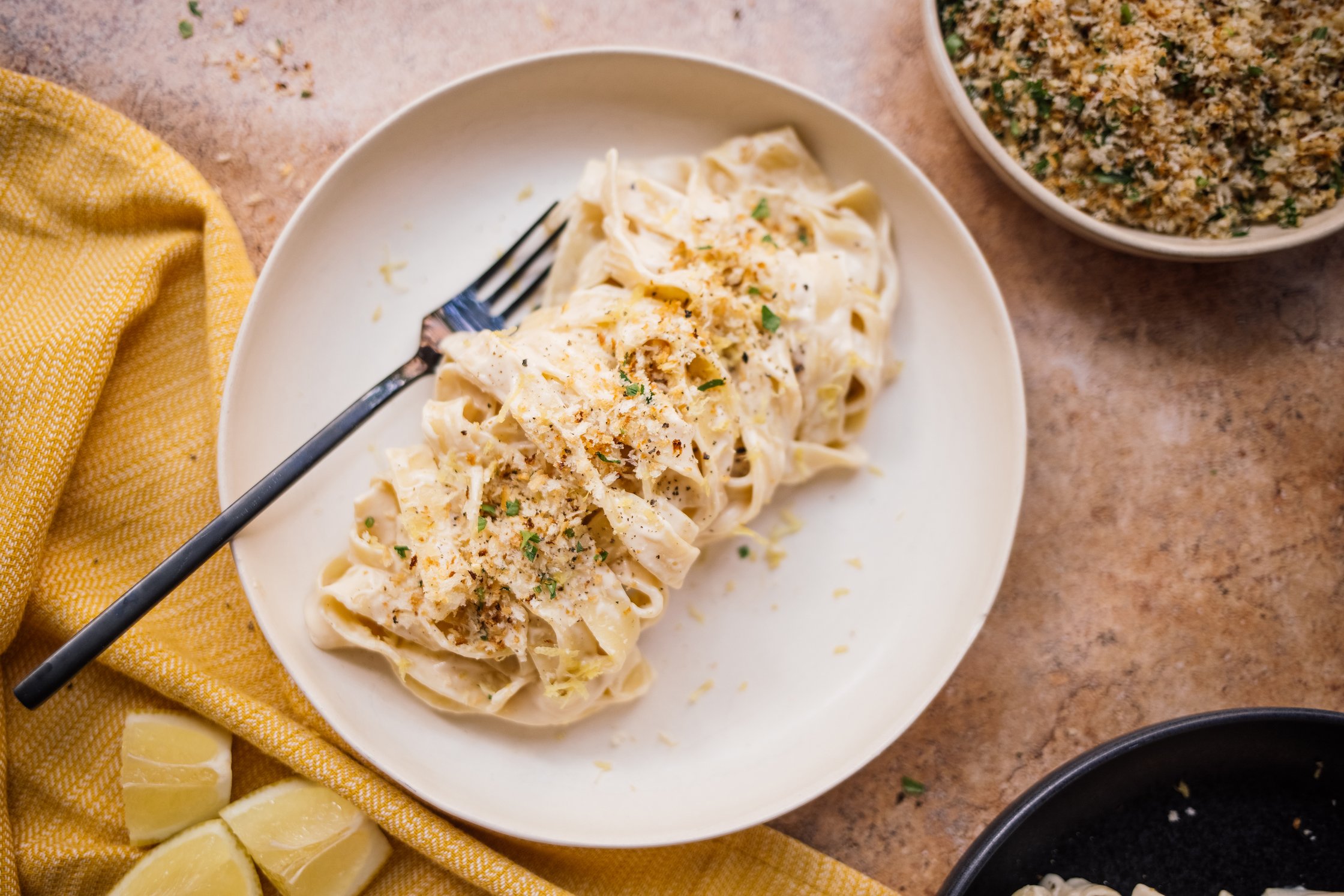 a plate of Vegan Pasta with Creamy Lemon Sauce