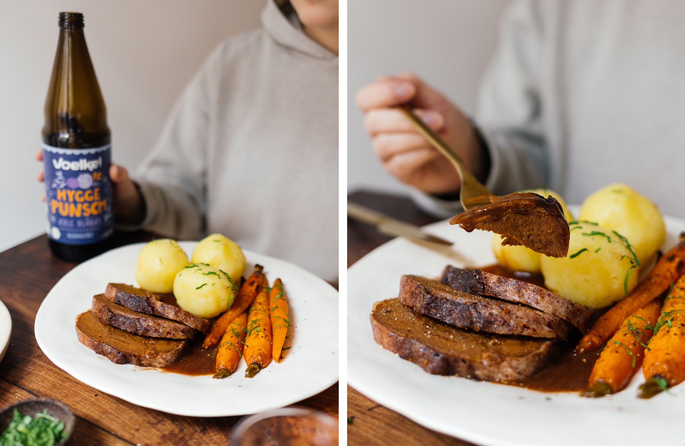 seitan roast served with vegan gravy and christmas side dishes