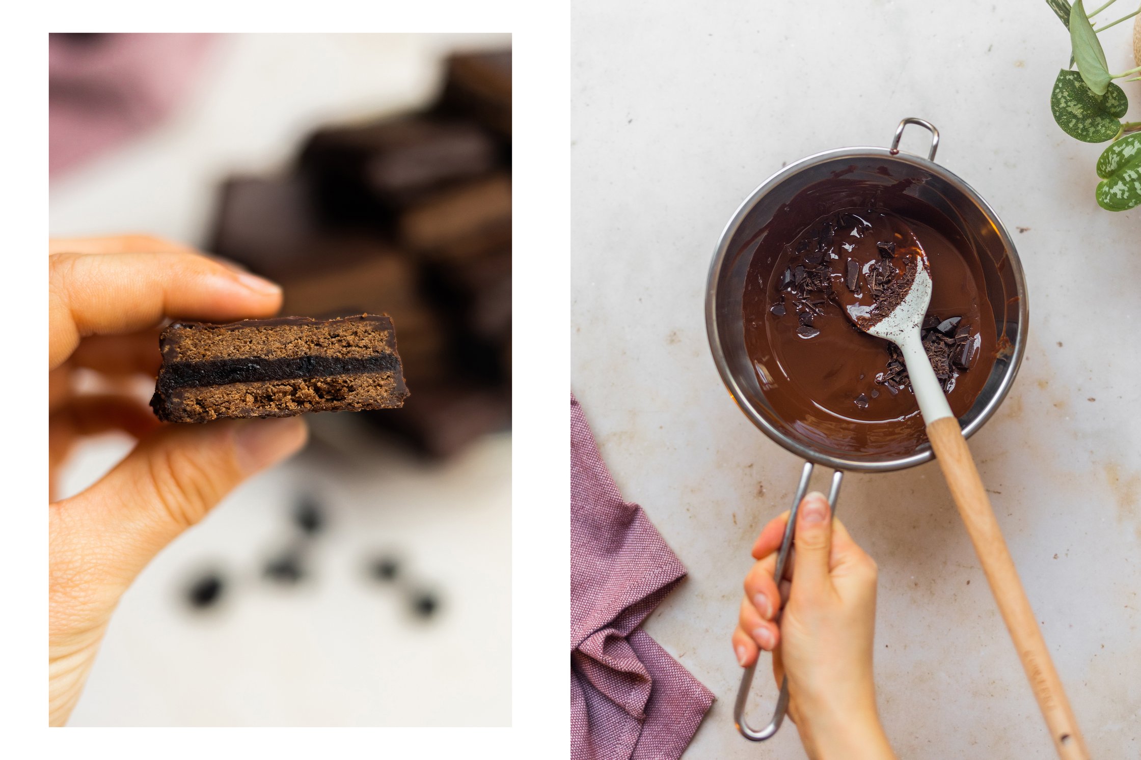 left: Tim Tam is held in hand
right: chocolate is tempered in a pot