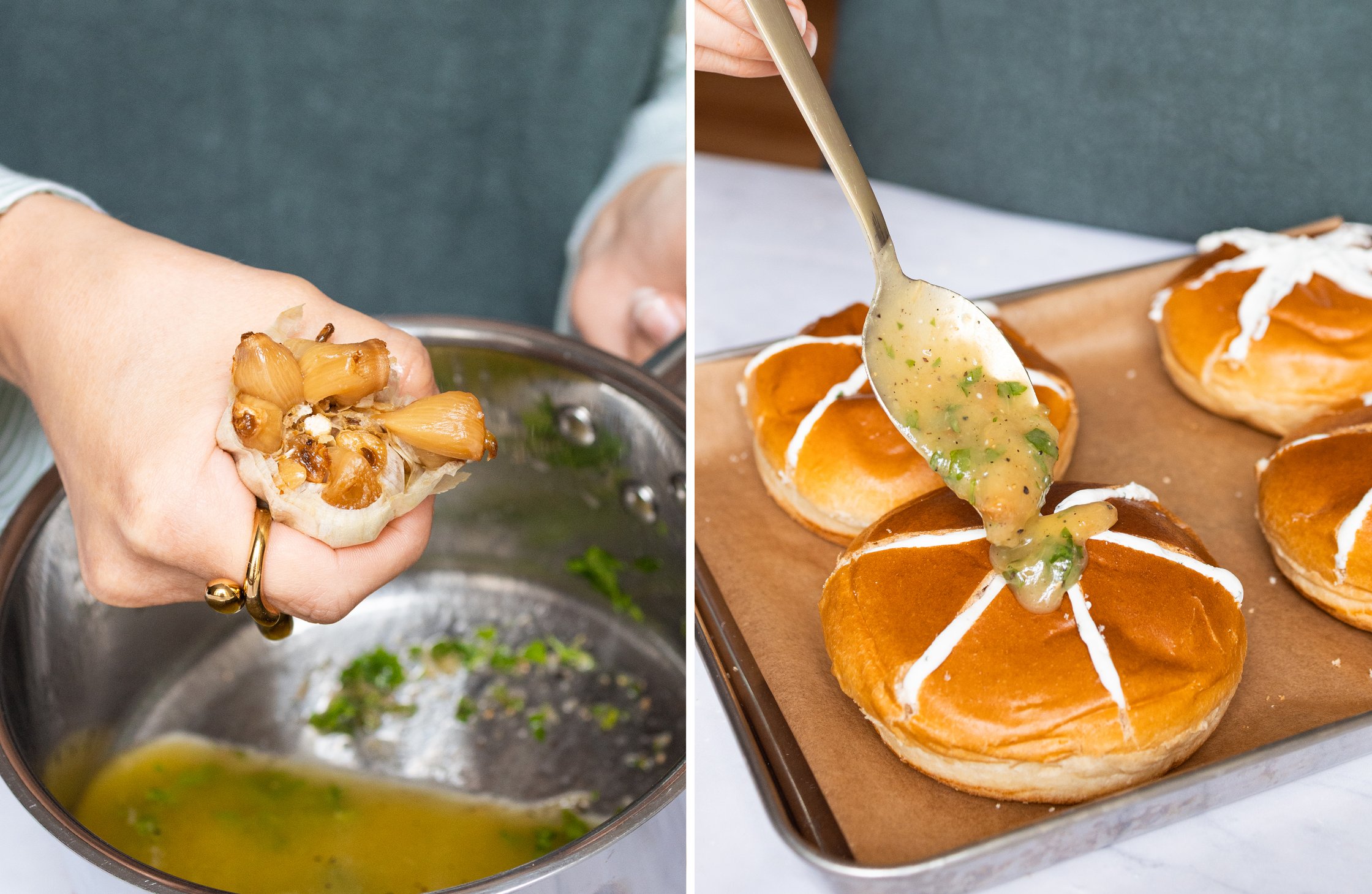 Left: Roasted garlic is pressed over melted butter. Right: Melted garlic butter is spread on burger buns.