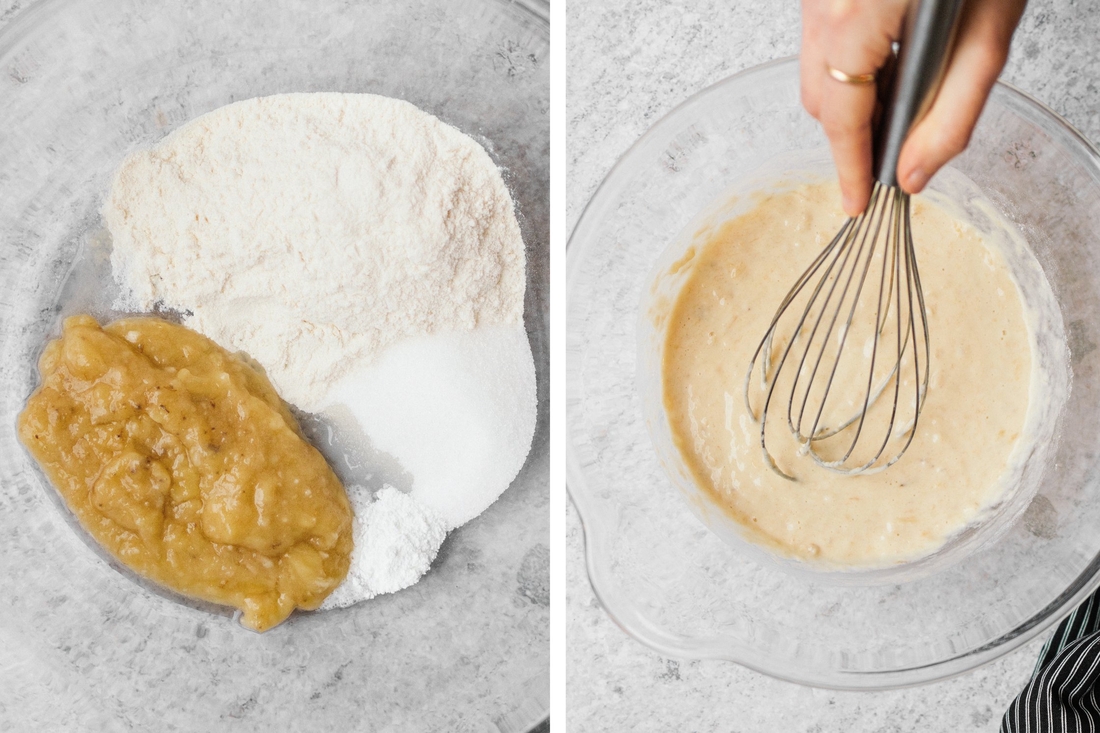 Eine Rührschüssel mit Bananen-Pürree, Mehl, Backpulver, einer Prise Salz und Zucker. Außerdem ein Kännchen mit pflanzlicher M