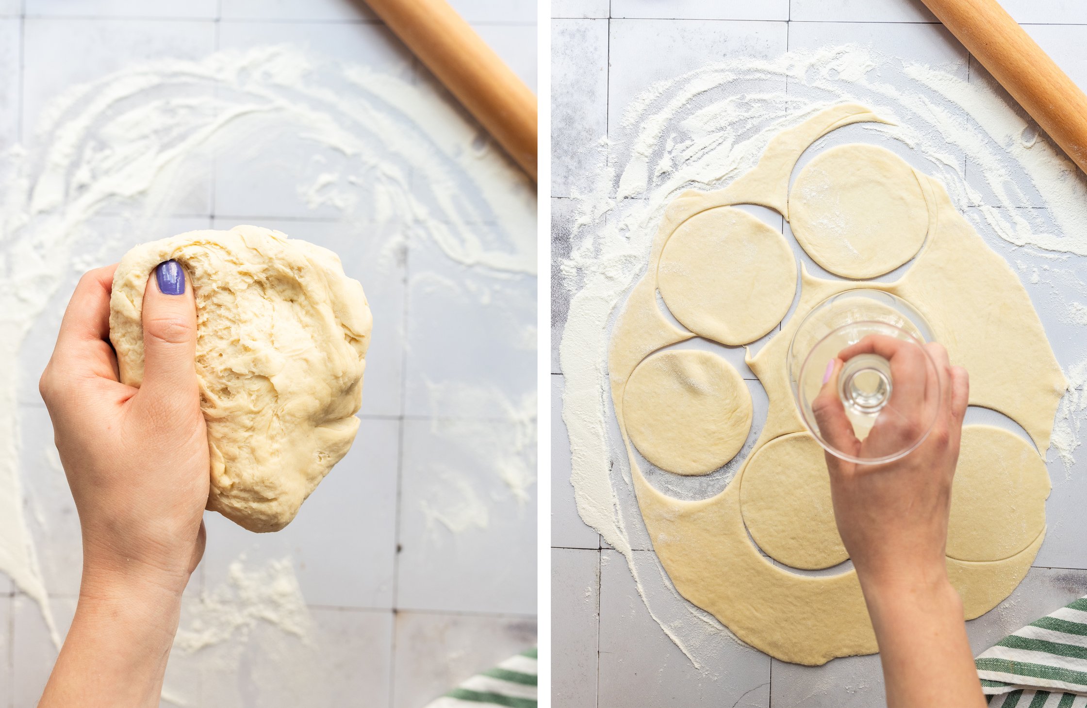 In these pictures, the dough is being kneaded and round circles are being cut out.