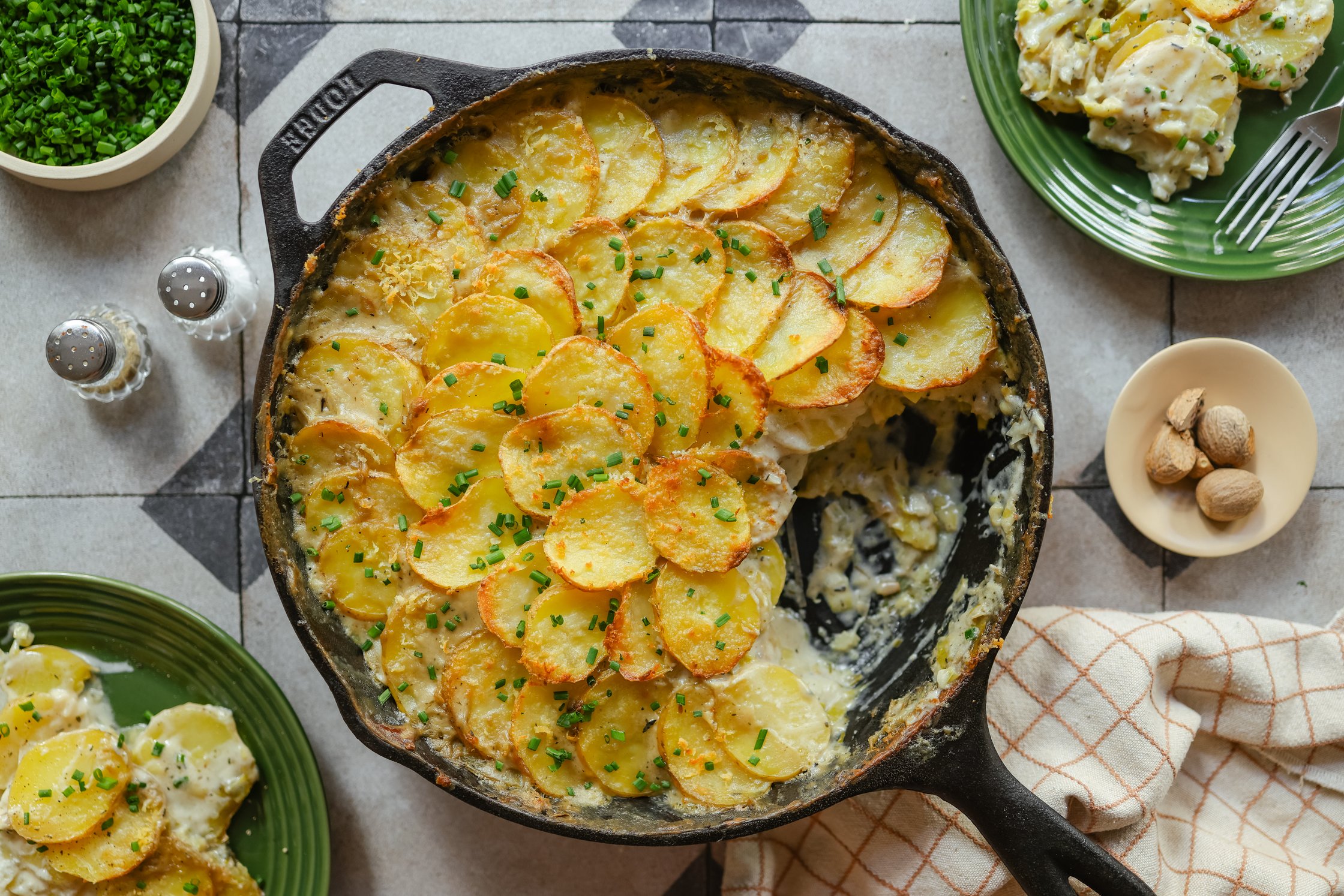 potato and leek bake in a cast iron pan