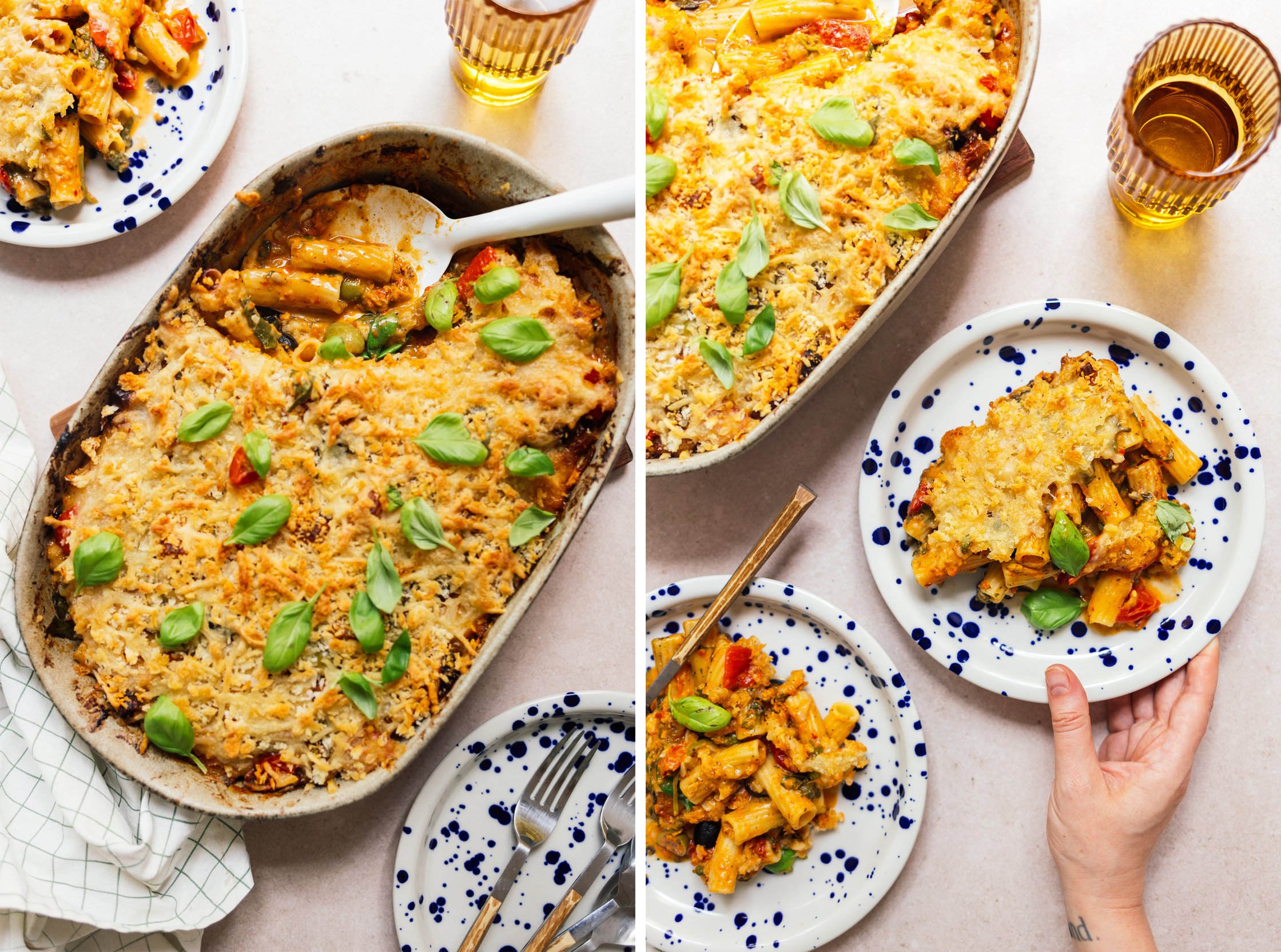 ein teller mit Veganem One-Pot-Pesto-Nudelauflauf mit knuspriger Käsekruste