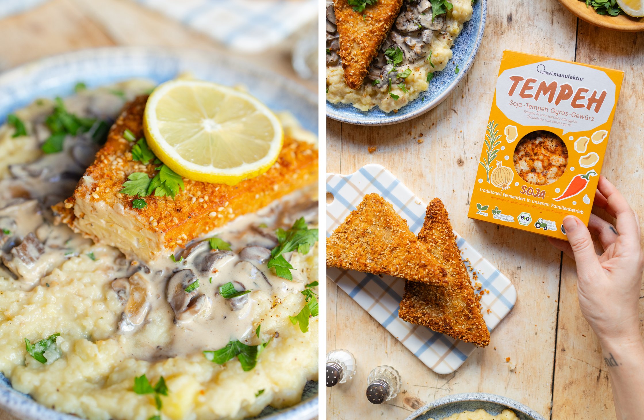 Tempehschnitzel in Nahaufnahme; Tempeh von tempehmanufaktur