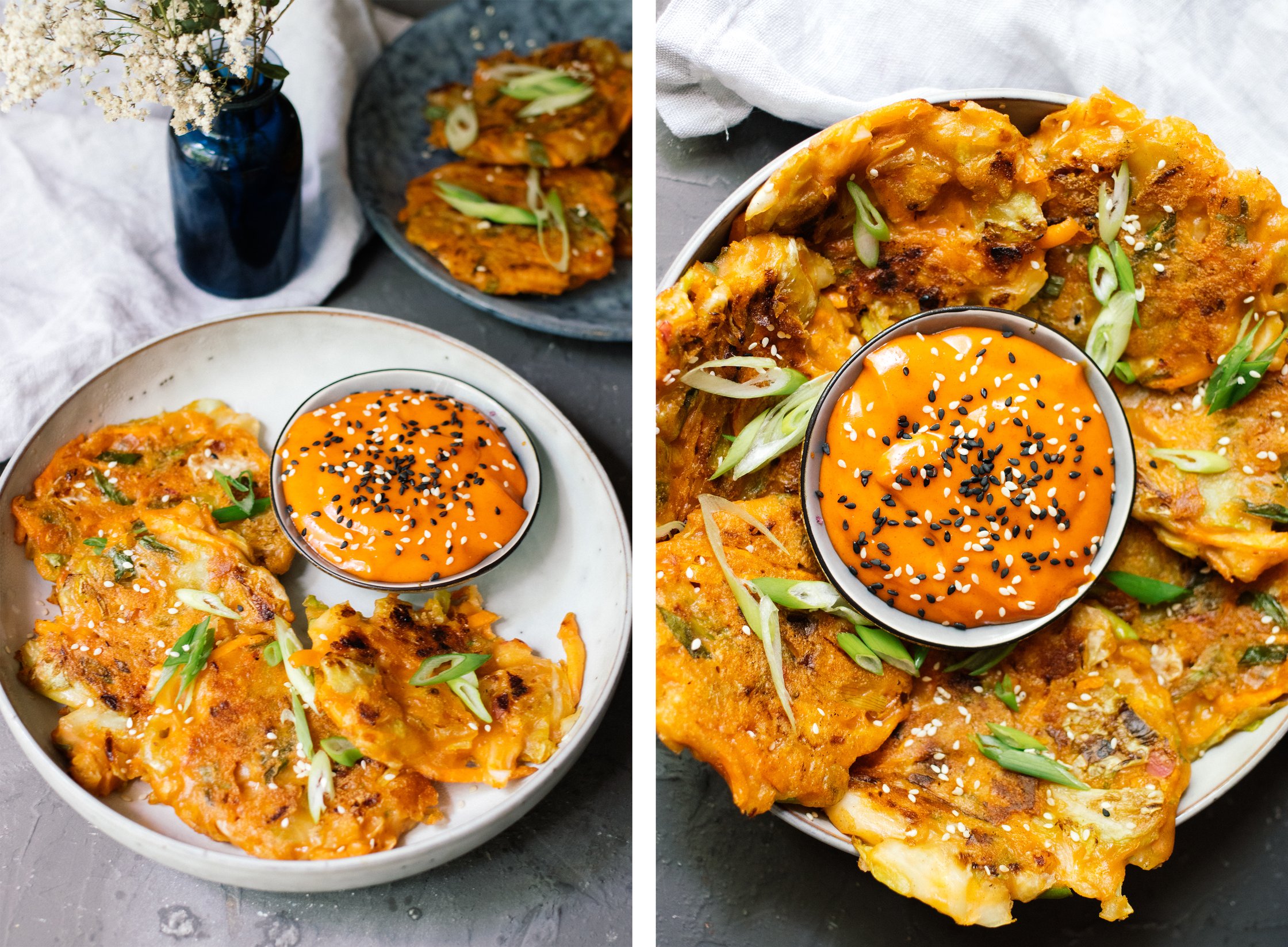 vegan kimchi pancakes on the table
