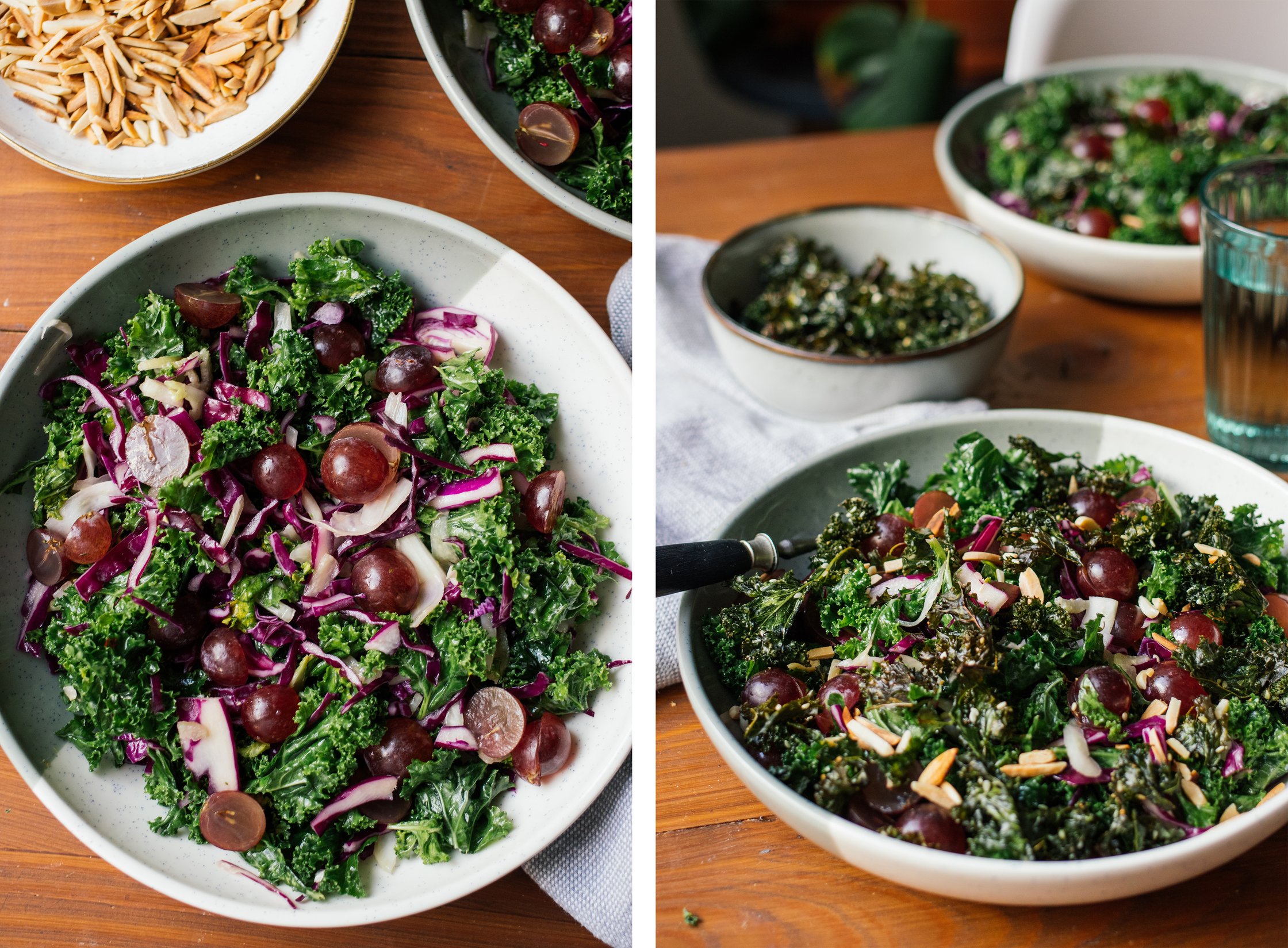 close up of vegan Kale Salad with Sesame Dressing and Crispy Kale Chips