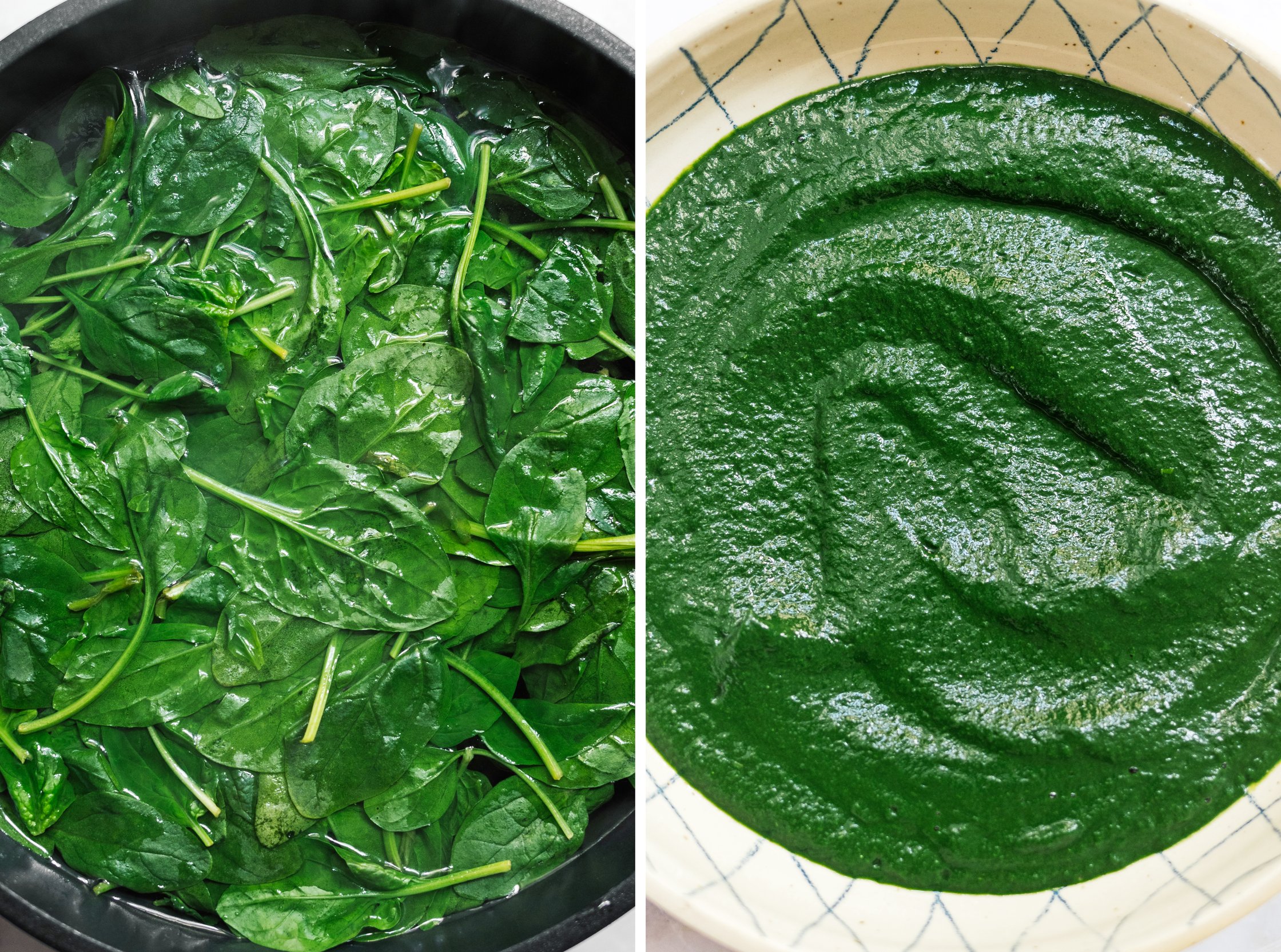blanching and blending spinach for vegan palak paneer