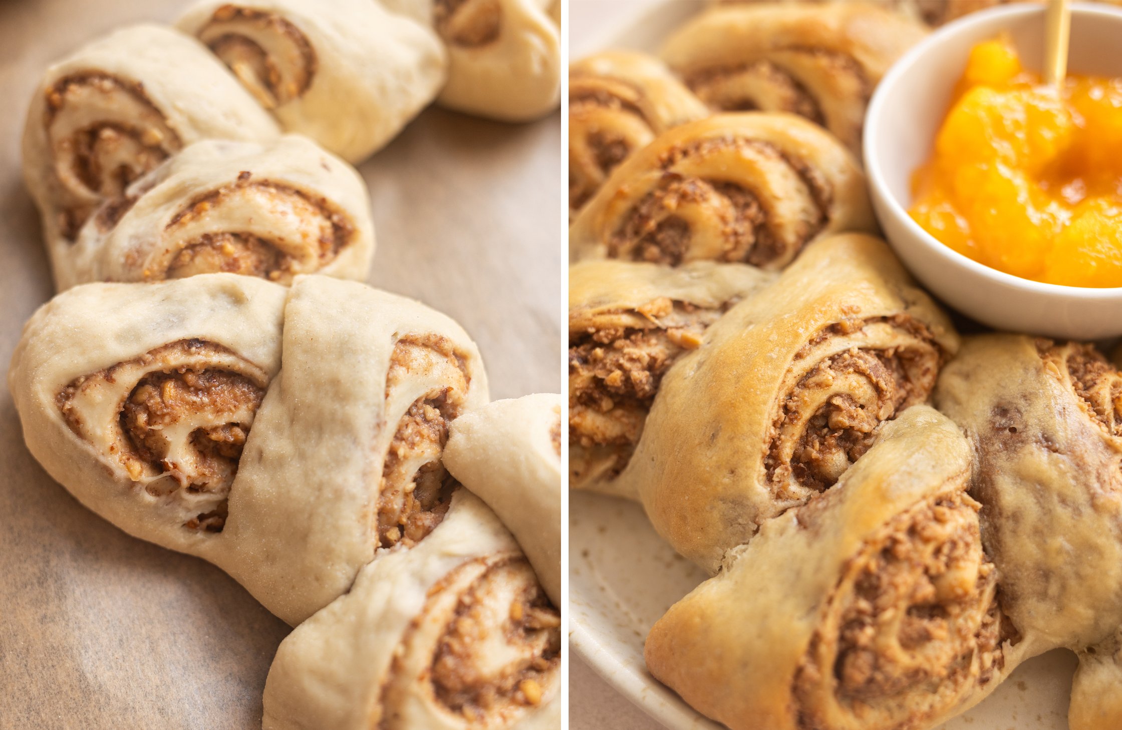 Two-part image - Left: Yeast ring with nut filling before baking. Right: Yeast ring with nut filling after baking.
