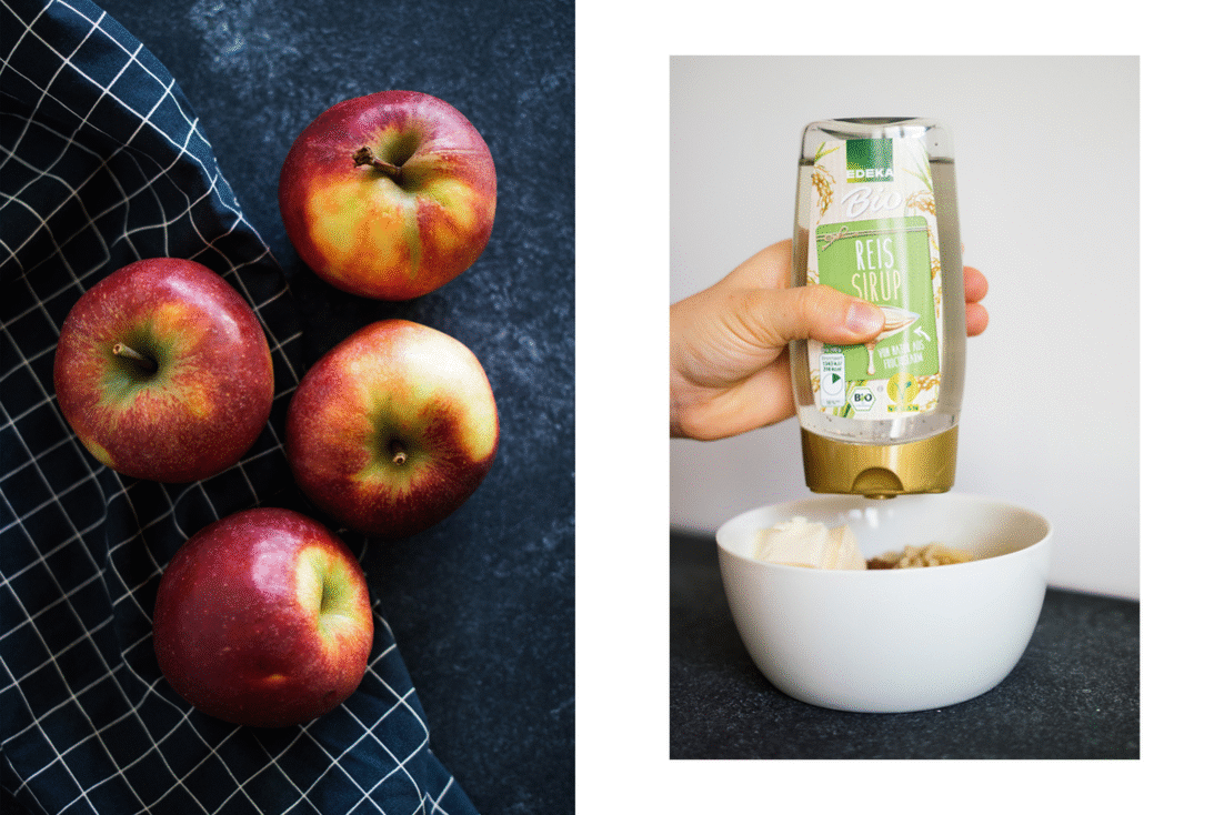 squeezing rice syrup into a bowl, next to four red apples